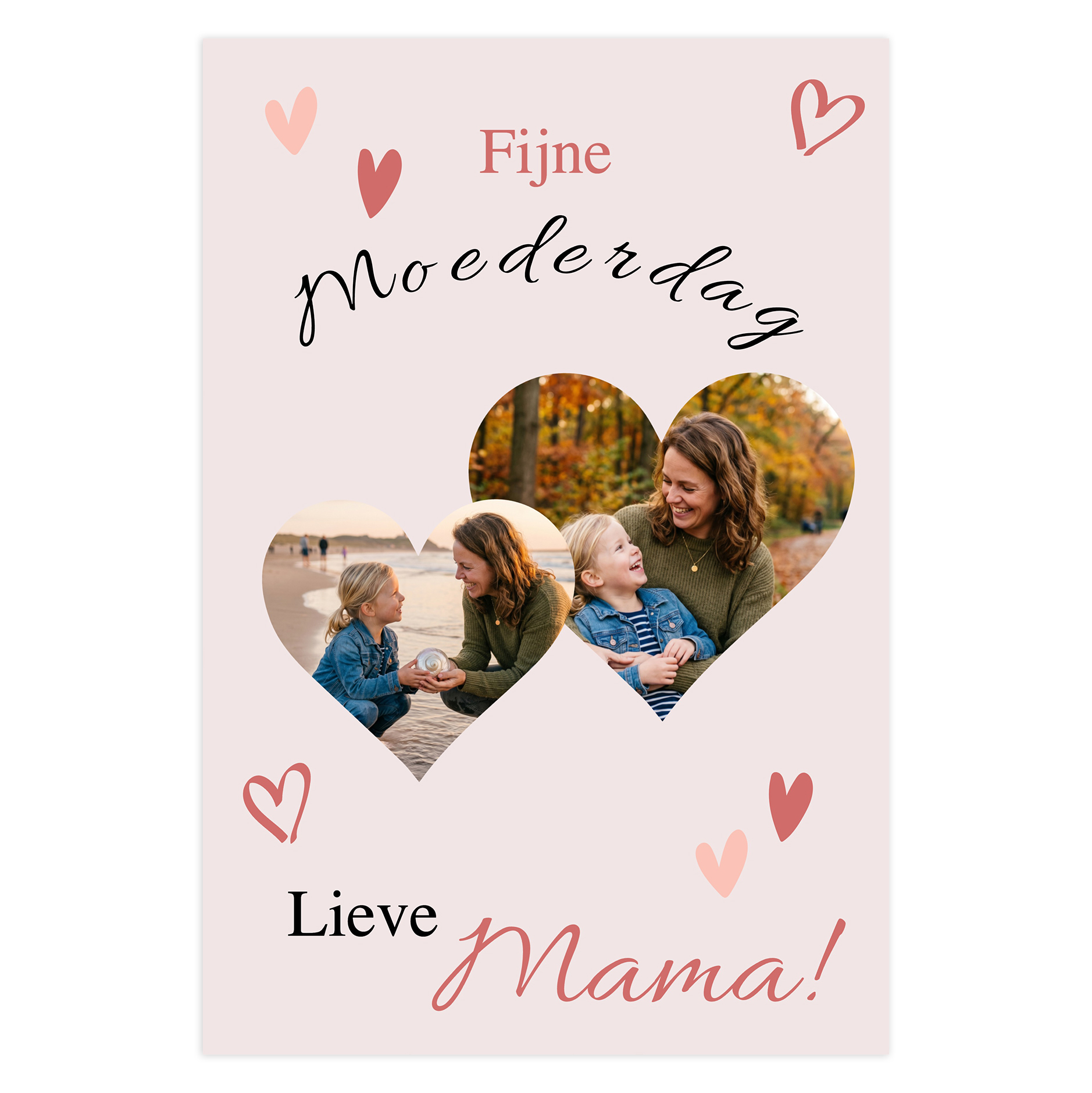 Moederdag kaart A6 met 2 hartvormige foto’s – roze tinten