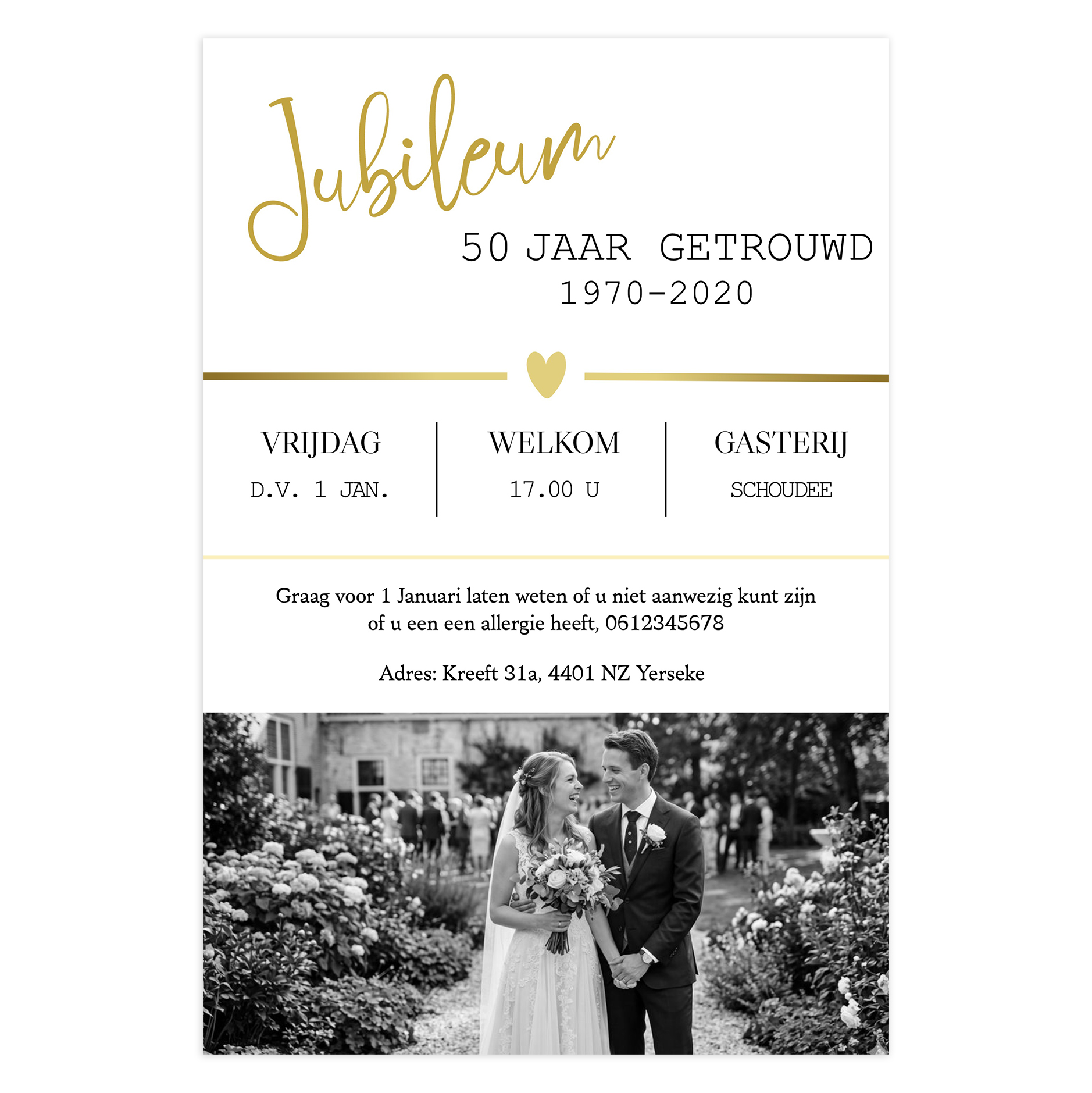 Dubbelzijdige A6 Huwelijksjubileum Uitnodiging met Goud – Met Eigen Foto, Datum & Locatie