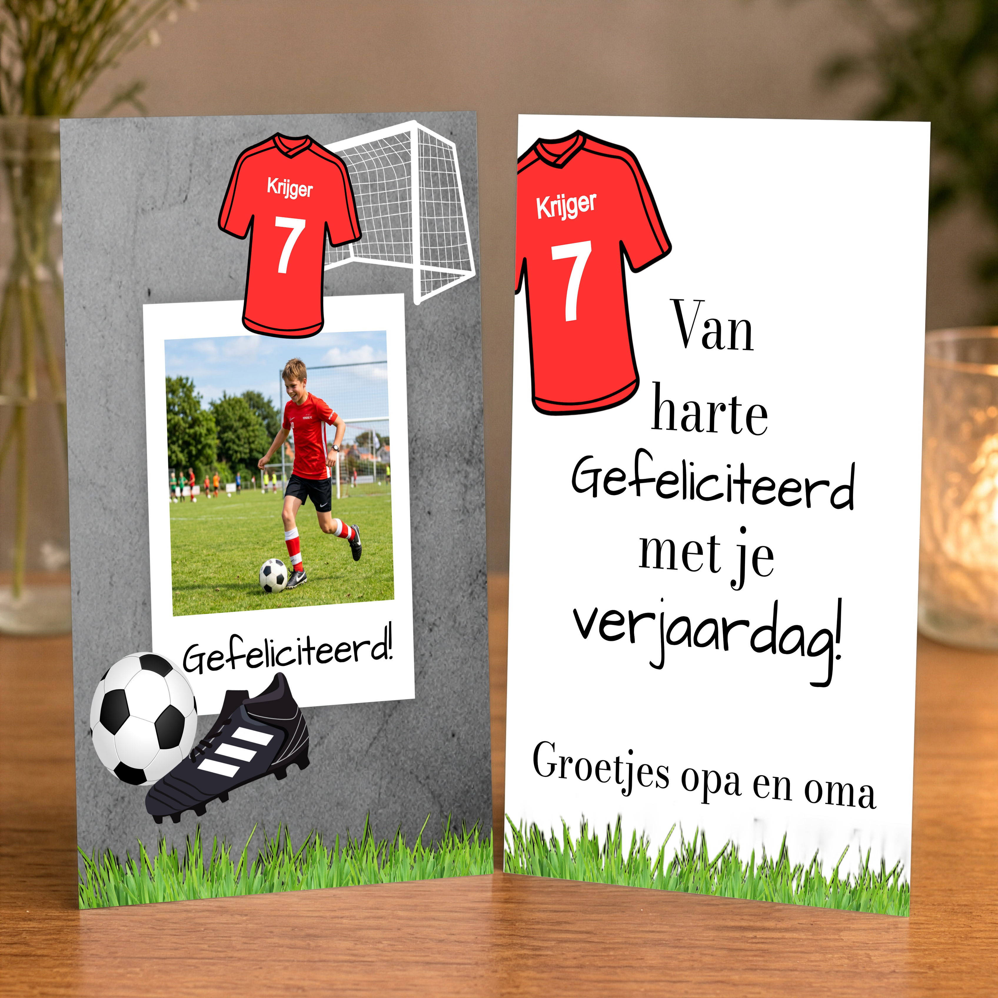 Verjaardagskaartje voor jongen met voetbal thema en foto - A6 verticaal - Dubbelzijdig