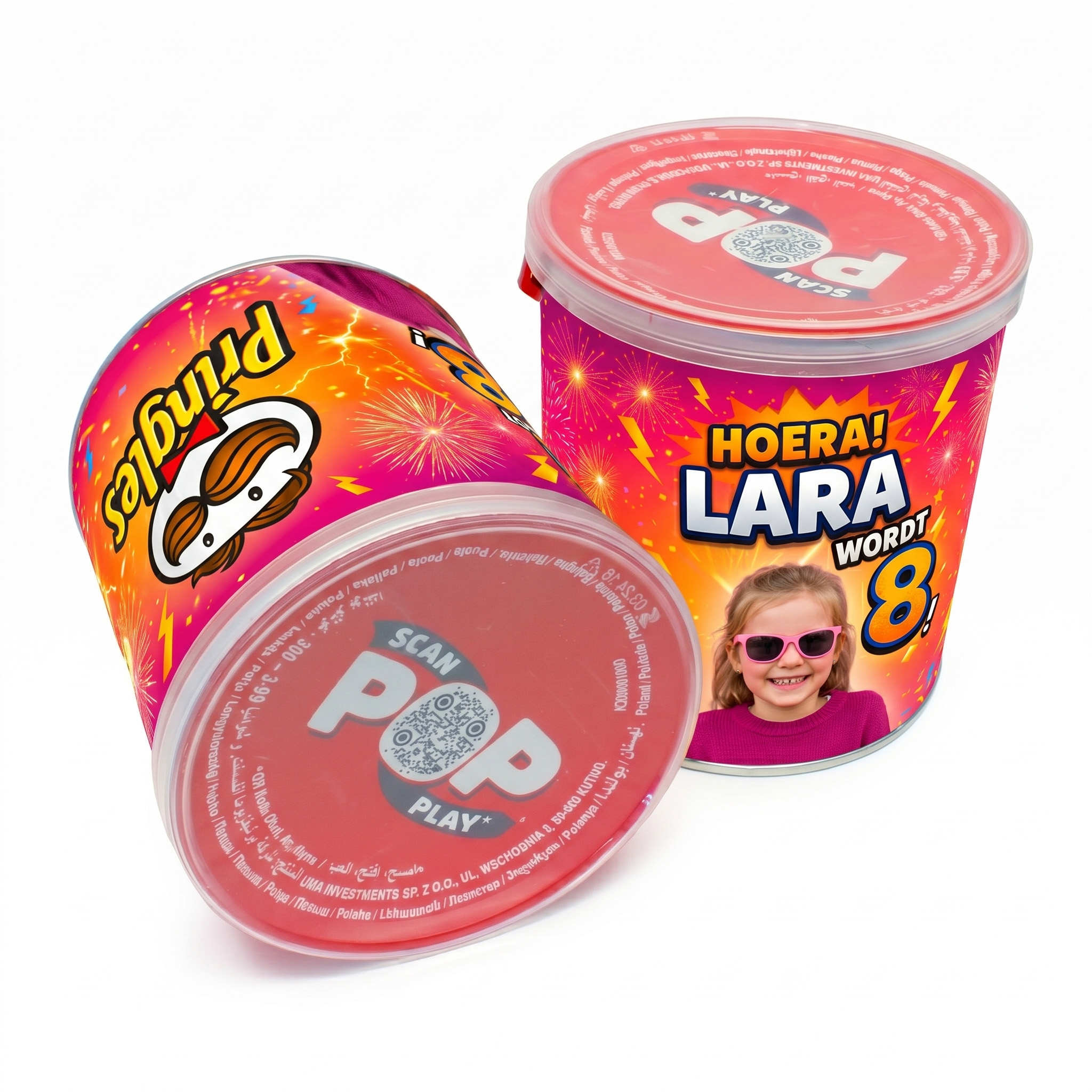 Pringles met zelf ontworpen wikkel met foto voor verjaardag van meisje