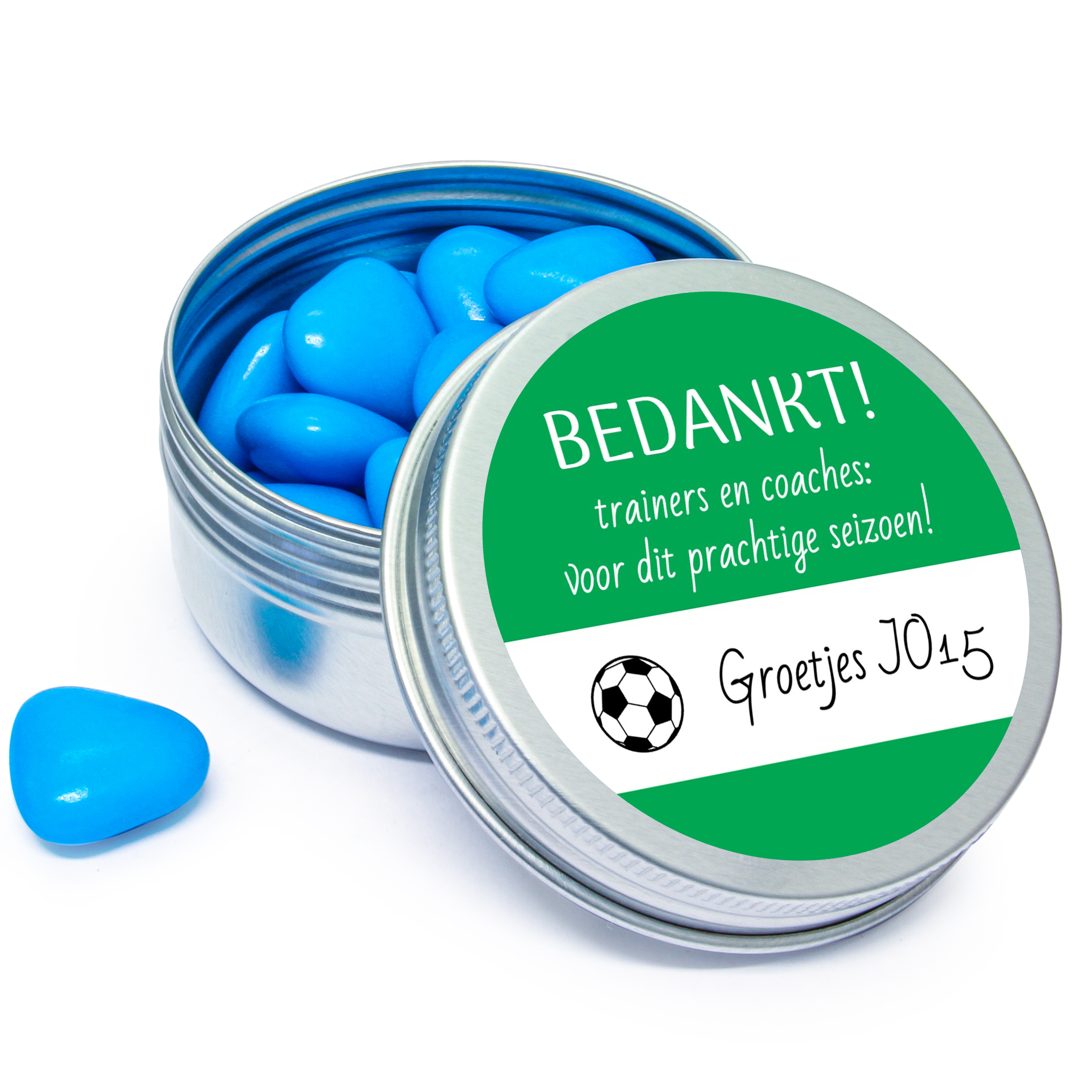 Voetbal bedankje - Zilver blikje met blauwe chocolade hartjes