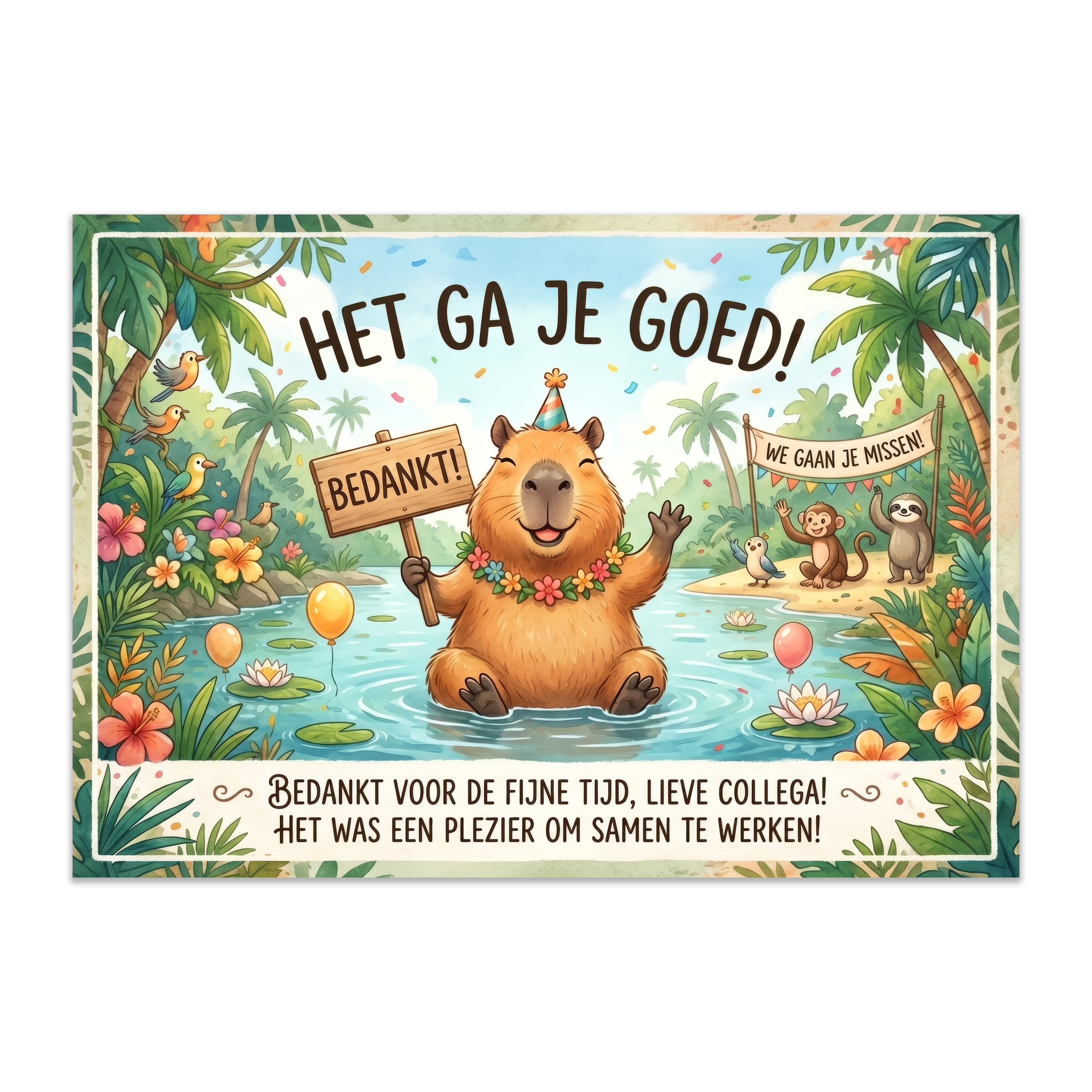 Afscheid collega kaart jungle thema met capybara – dubbelzijdig A6 kaartje