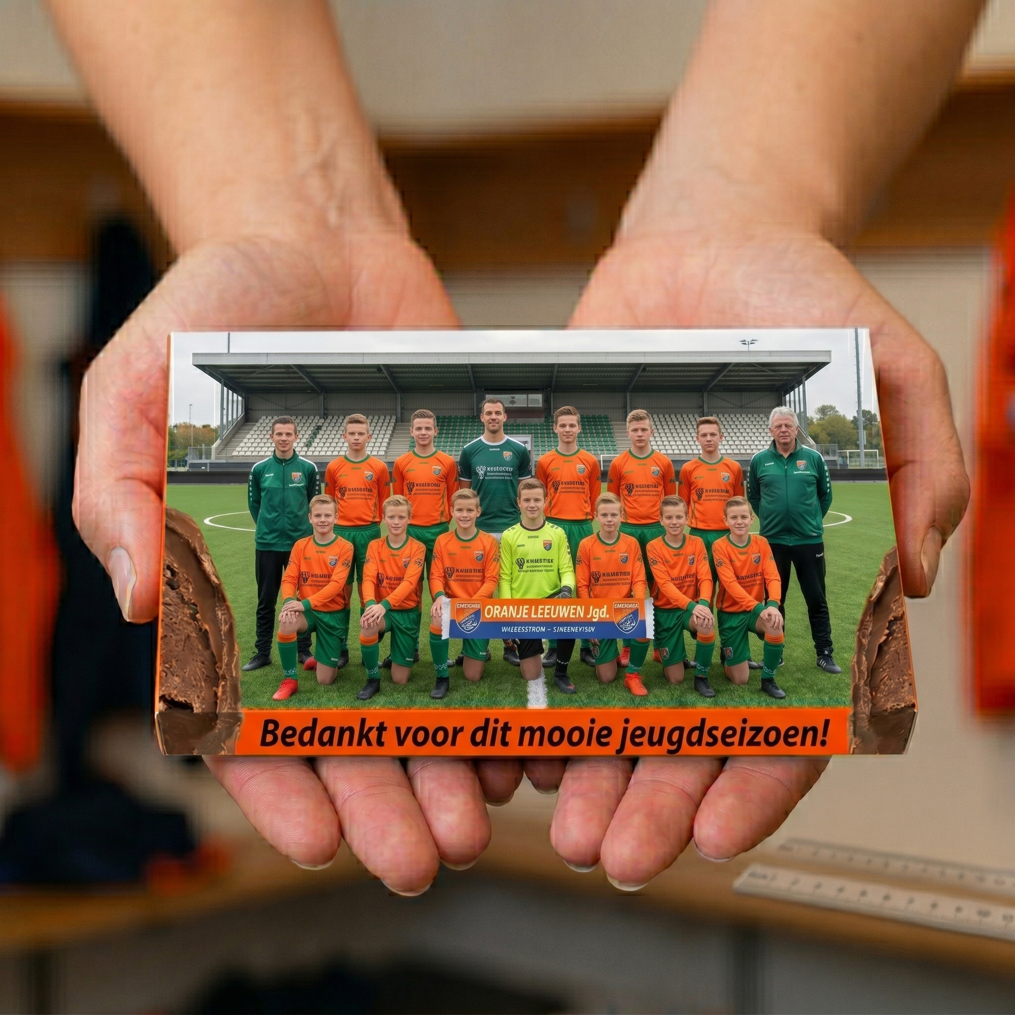 Chocolade reep met teamfoto in handen van trainer
