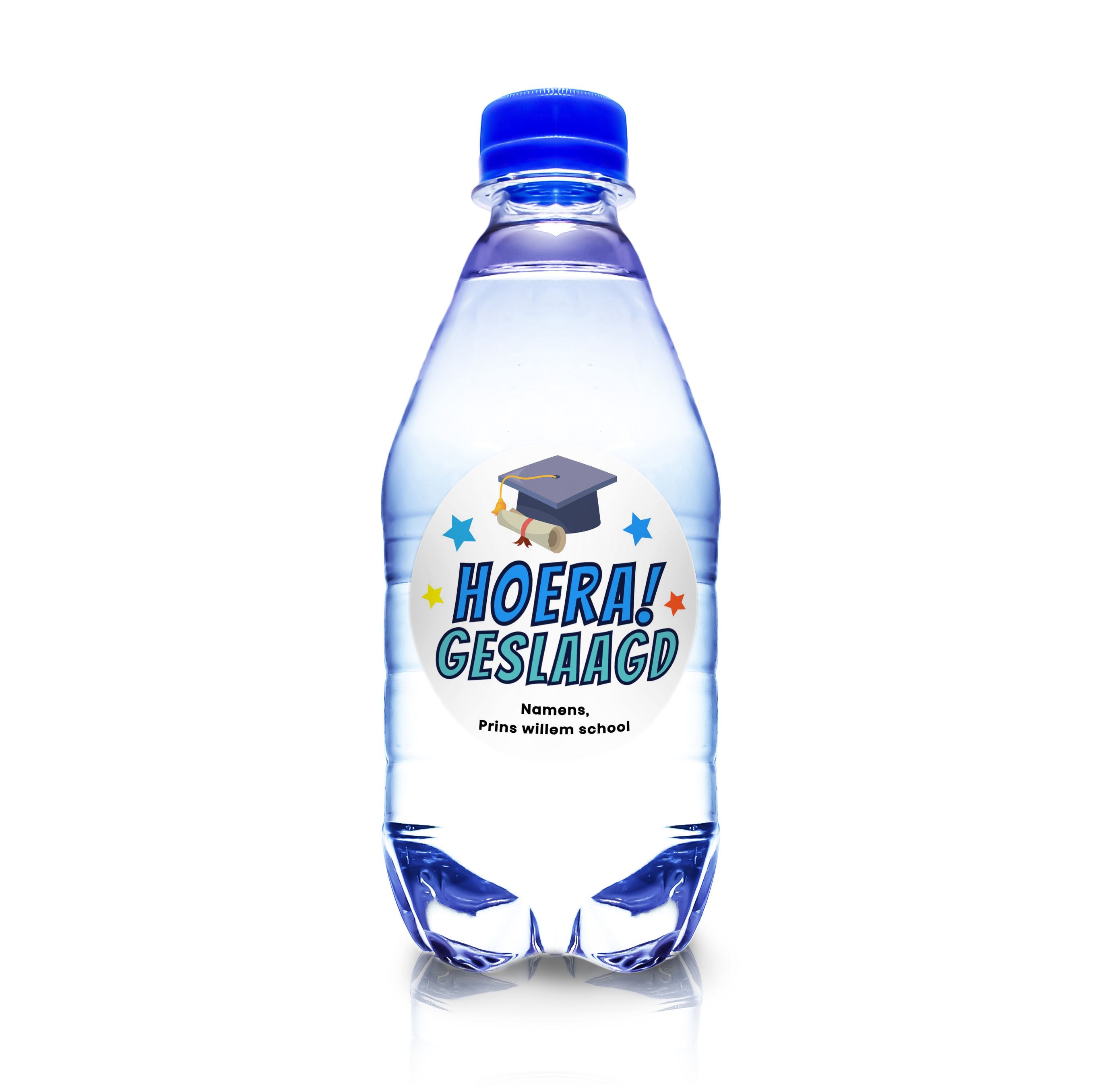 Flesje Water 'Hoera Geslaagd!' - Personaliseerbaar met Schoollogo - 33 cl