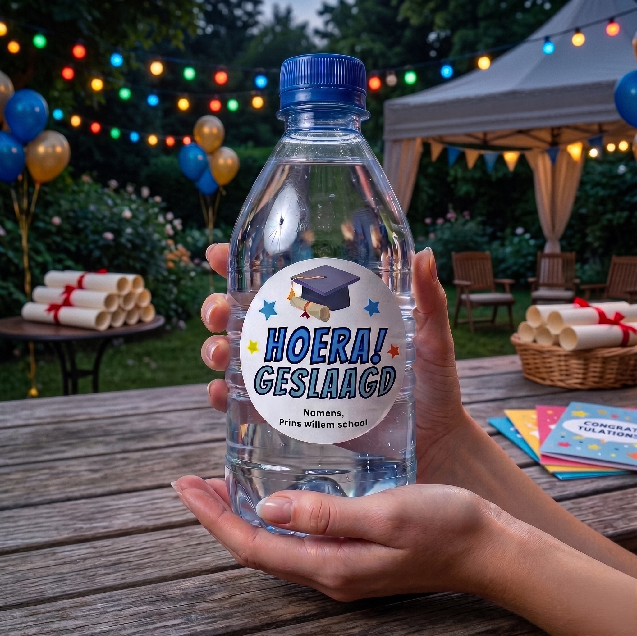 Uitdeelcadeautje voor scholen - Flesje water voor geslaagden met eigen print