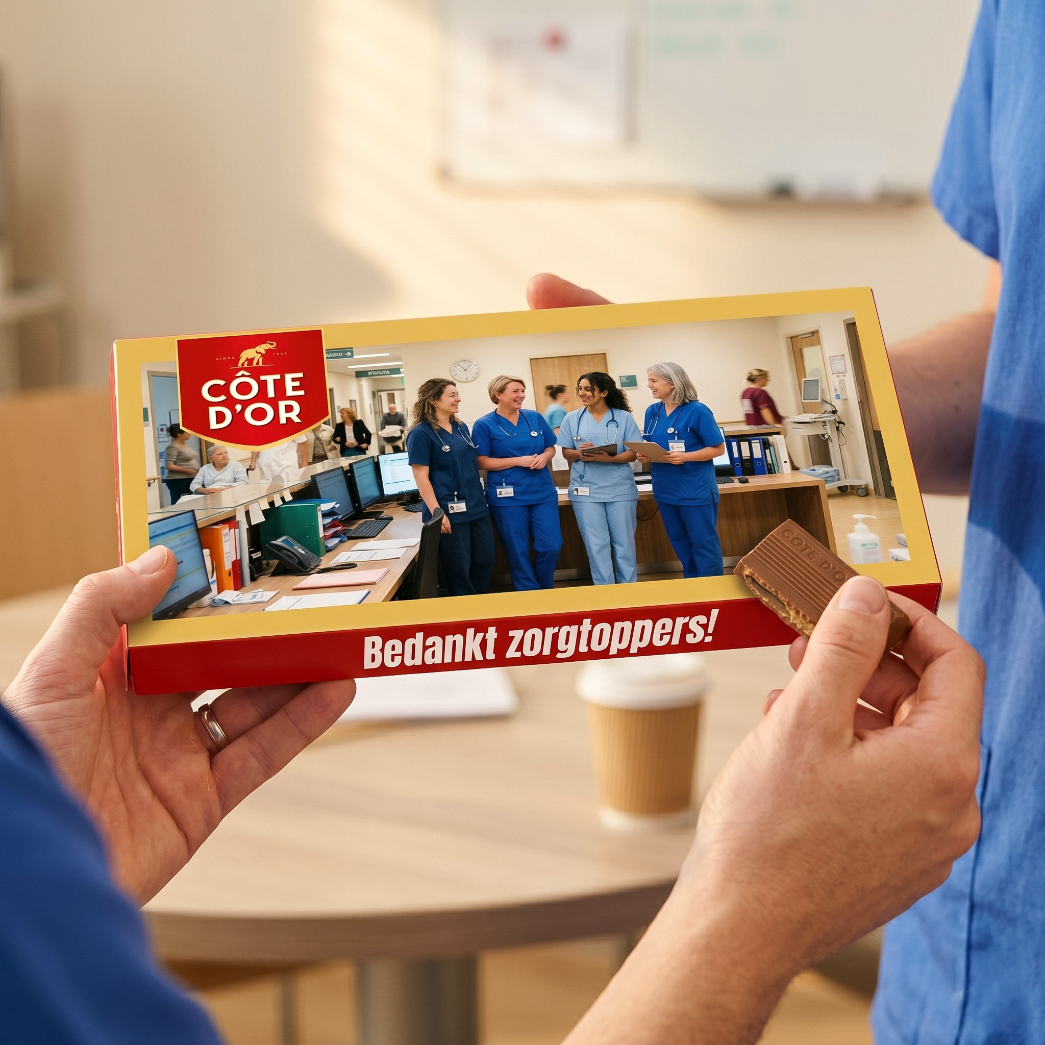 Côte d'Or met foto voor zorg toppers in handen van verpleegster