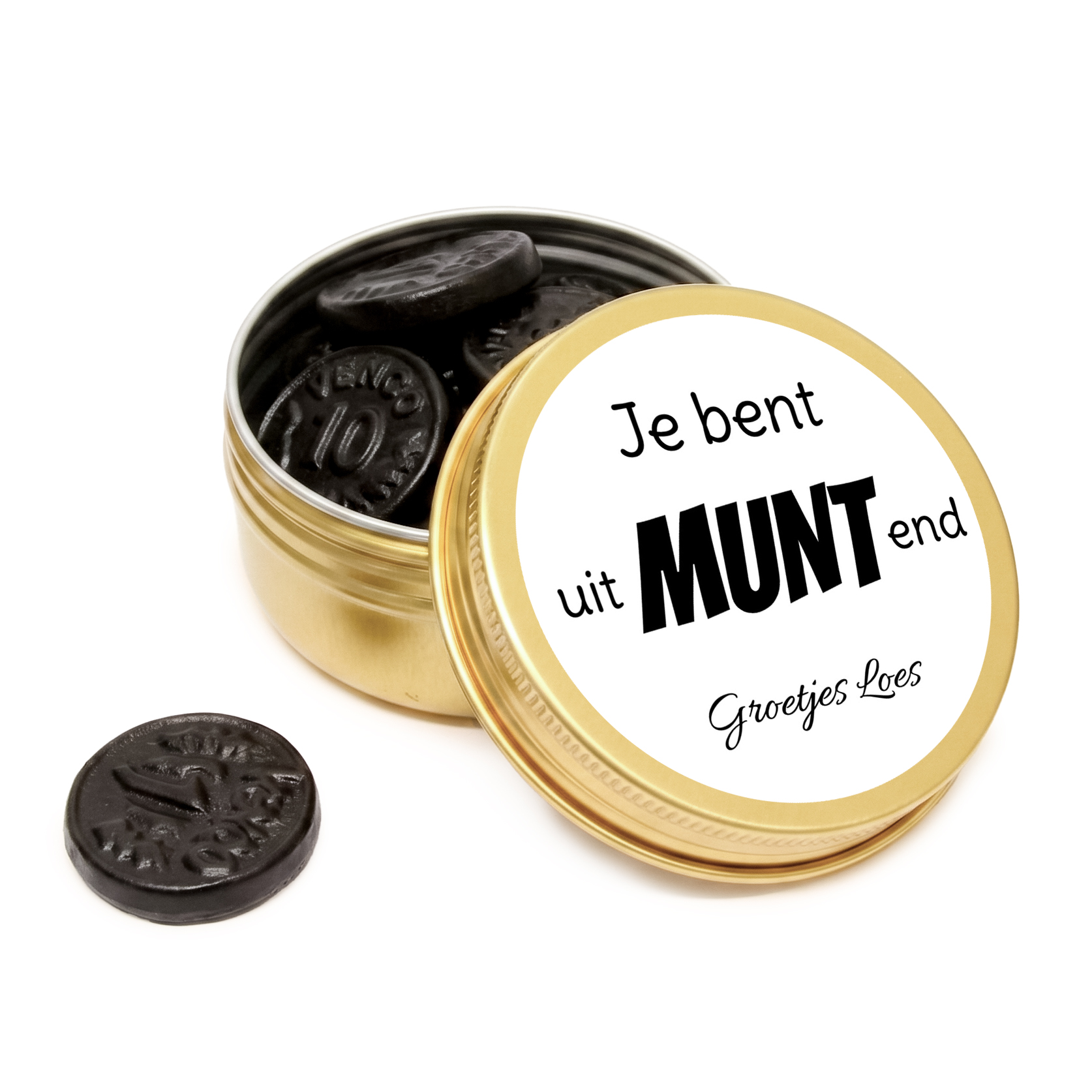 Goud blikje 'Je bent uitMUNTend' – Gevuld met Muntsnoep – 5,7 x 2,7 cm
