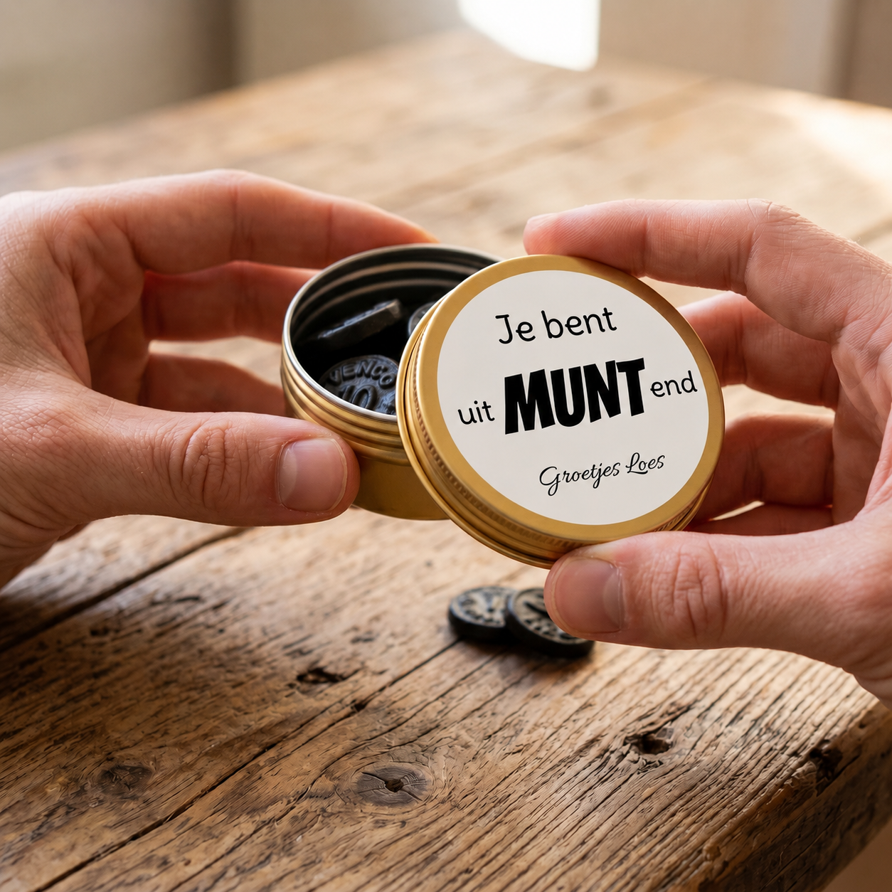 Goud blikje met munt dropjes - Je bent uitmuntend en eigen naam - In handen
