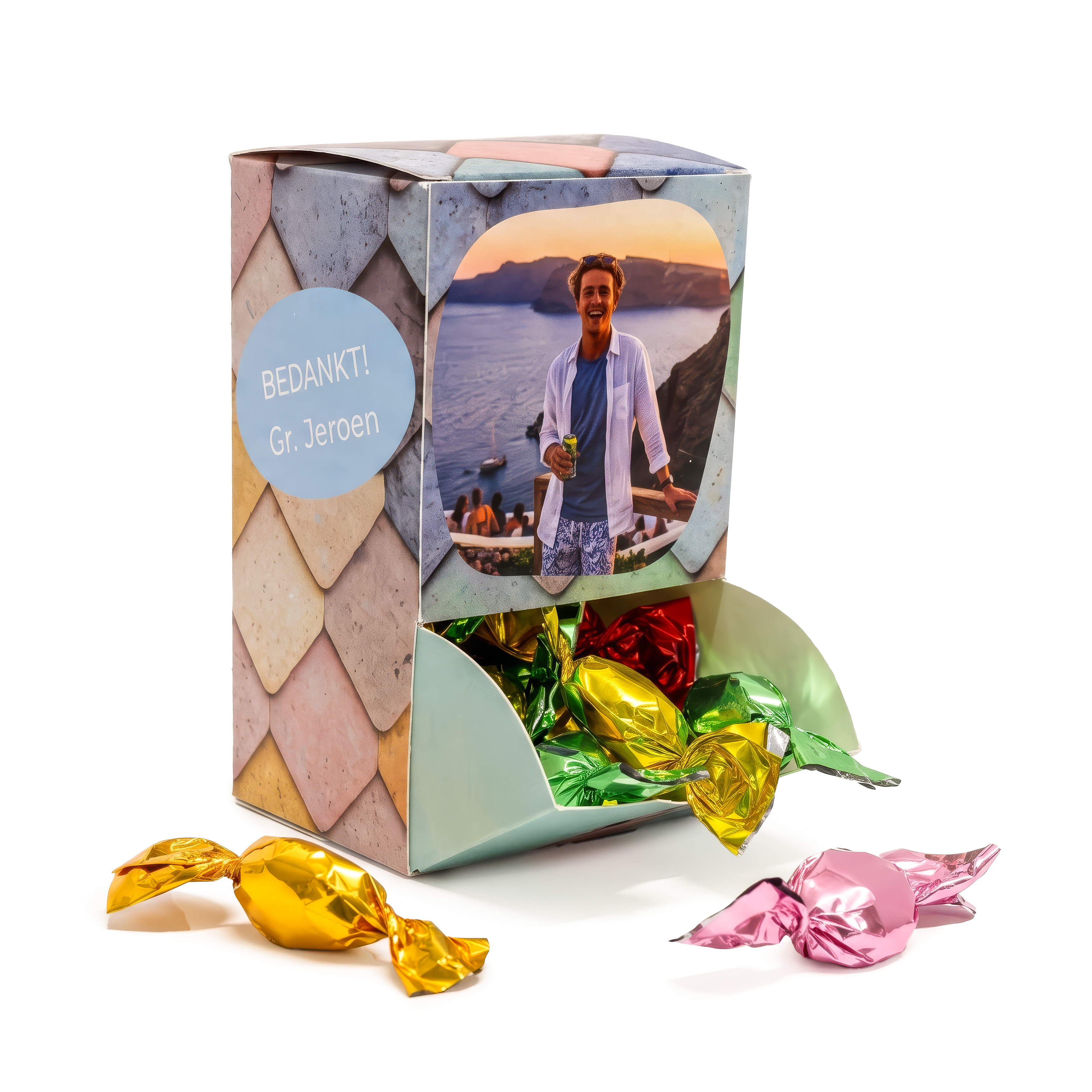 Dispenser cadeautje met foto gevuld met zuurtjes