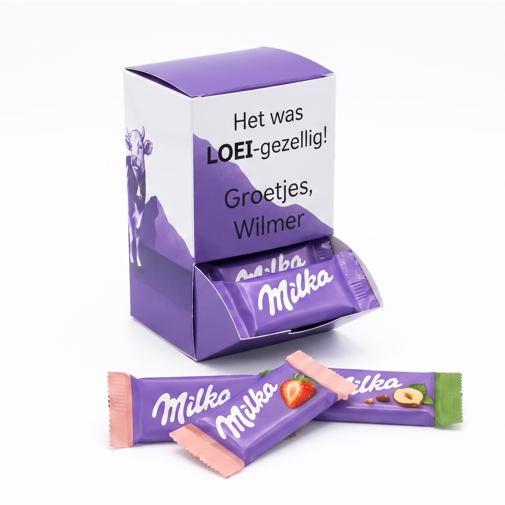 Milka chocolade dispenser cadeautje met eigen naam en tekst als bedankje