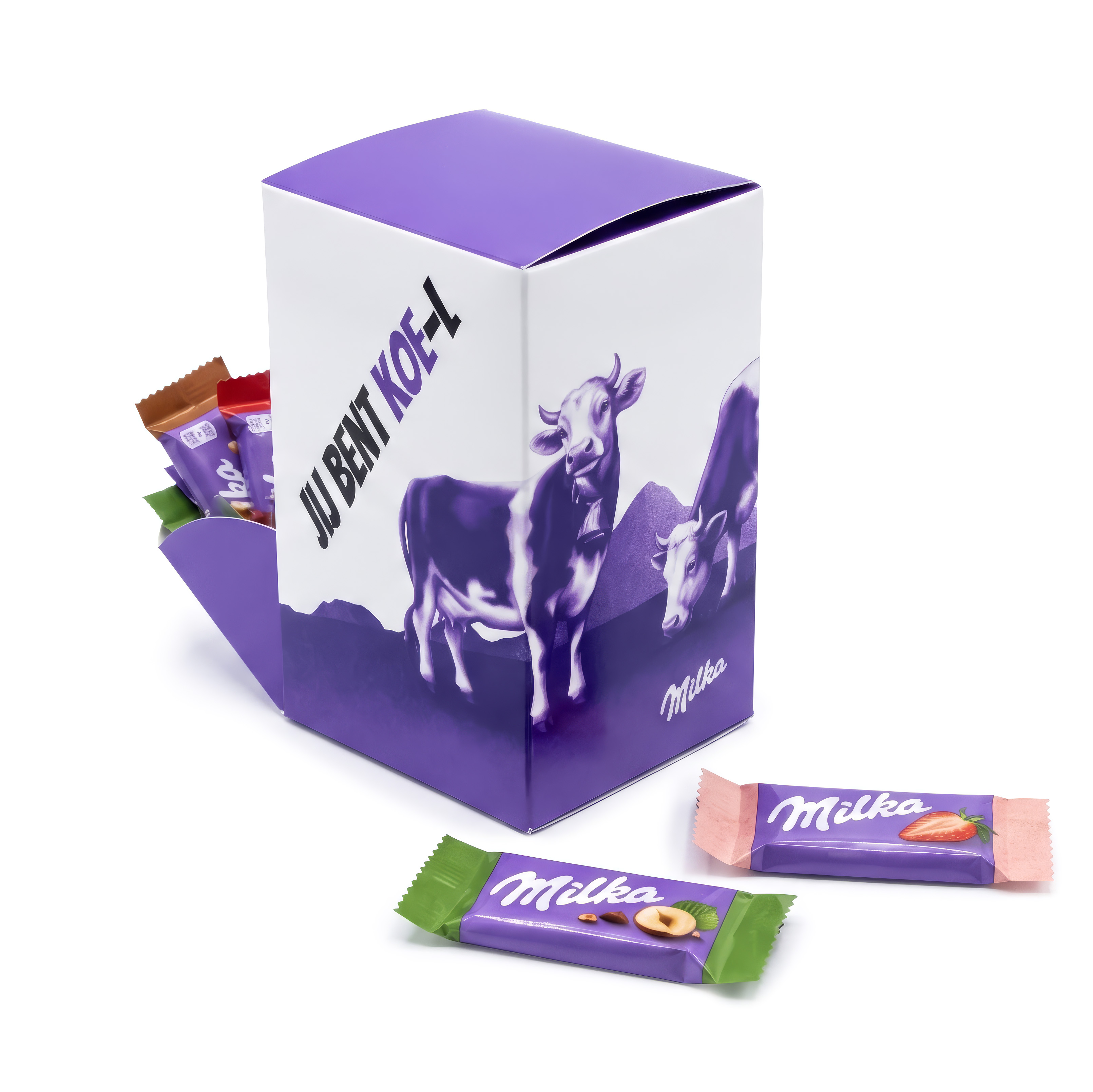 Milka chocolade dispenser cadeautje met eigen naam en koe print als bedankje