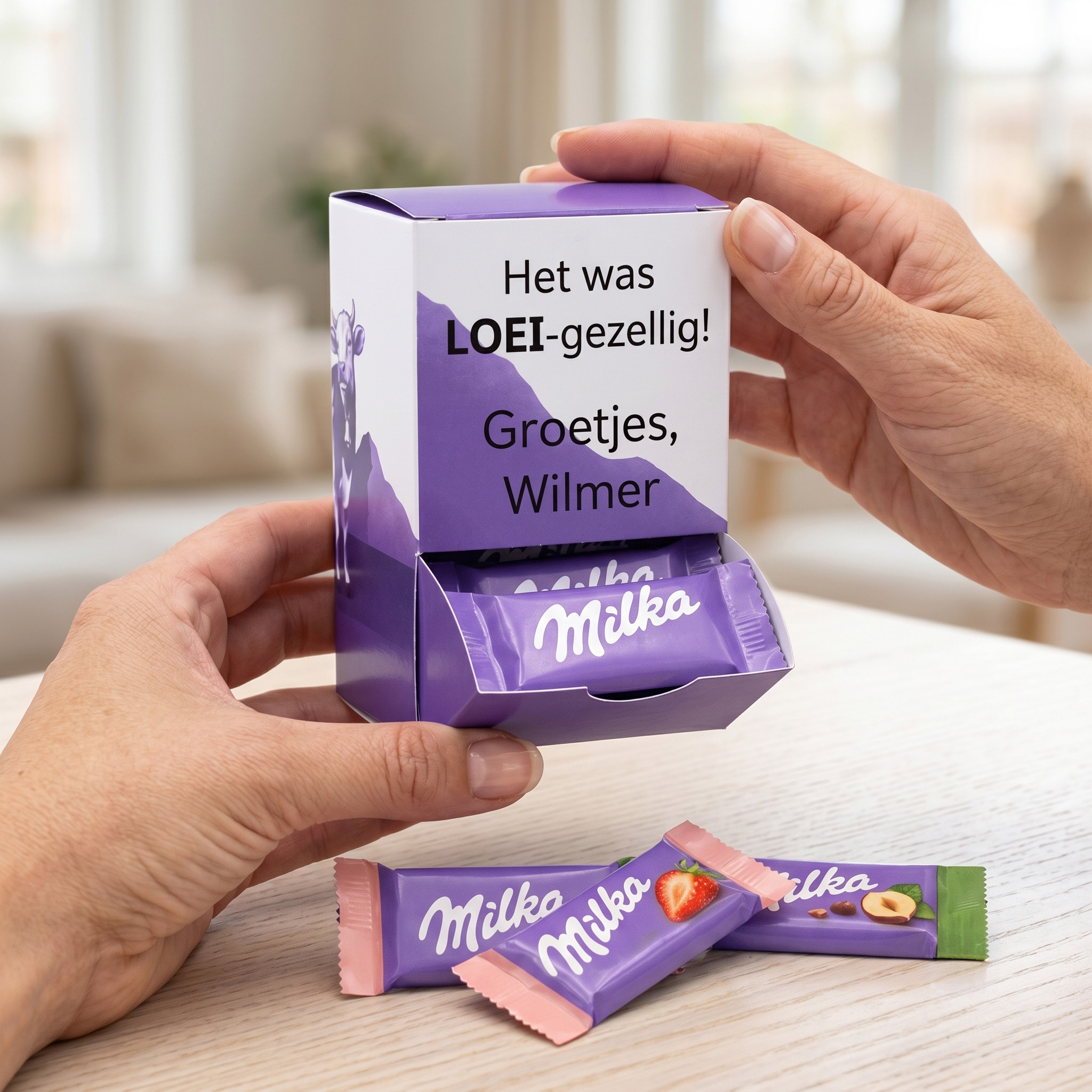 Dispenser doosje met milka chocolade voor afscheid collega's