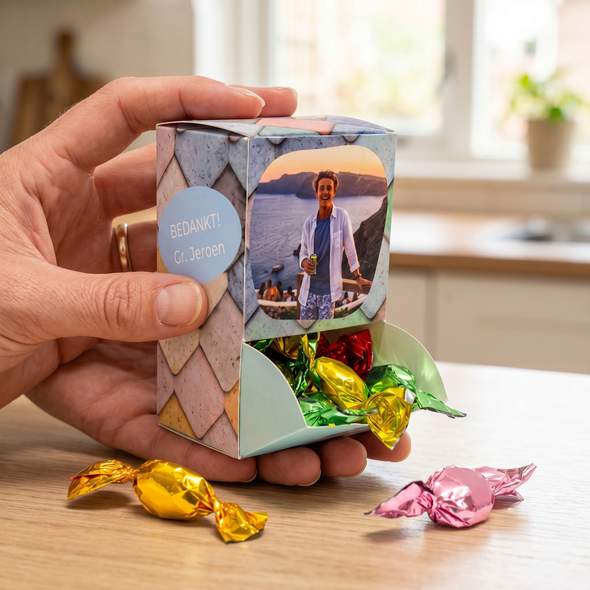 Dispenser doosje met zuurtjes als uitdeelcadeautje op het werk