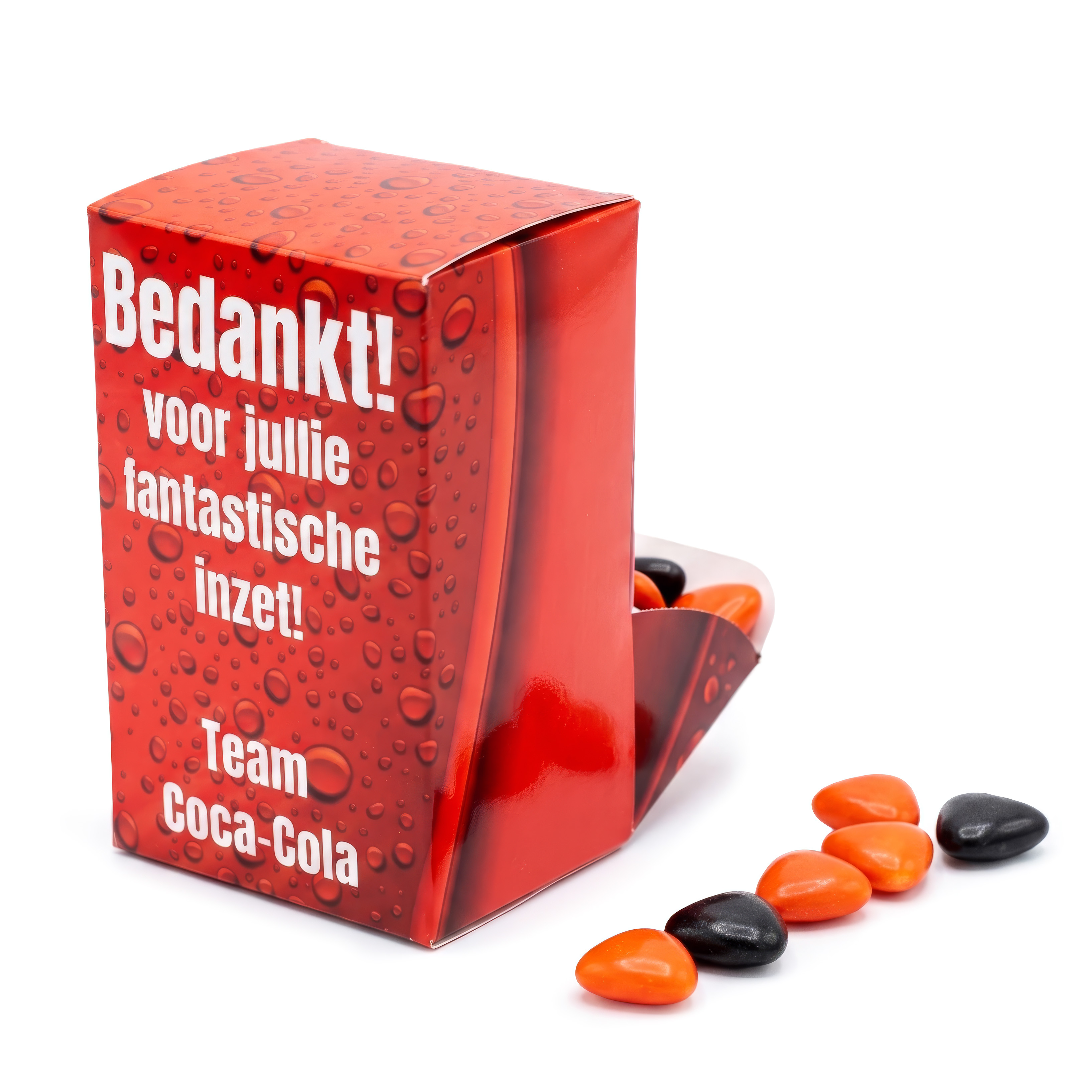 Dispenser doosje met snoep en zakelijke print als relatiegeschenk voor beurzen en bedrijven
