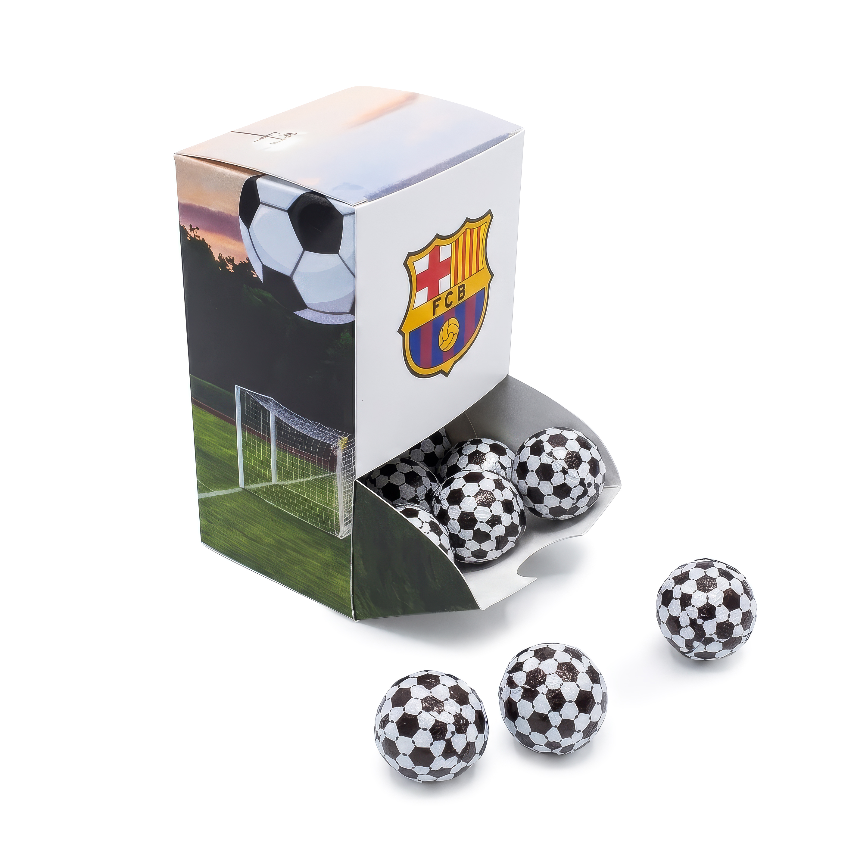 Persoonlijk dispenserdoosje met Chocolade voetballen – 5,7 x 9,3 cm