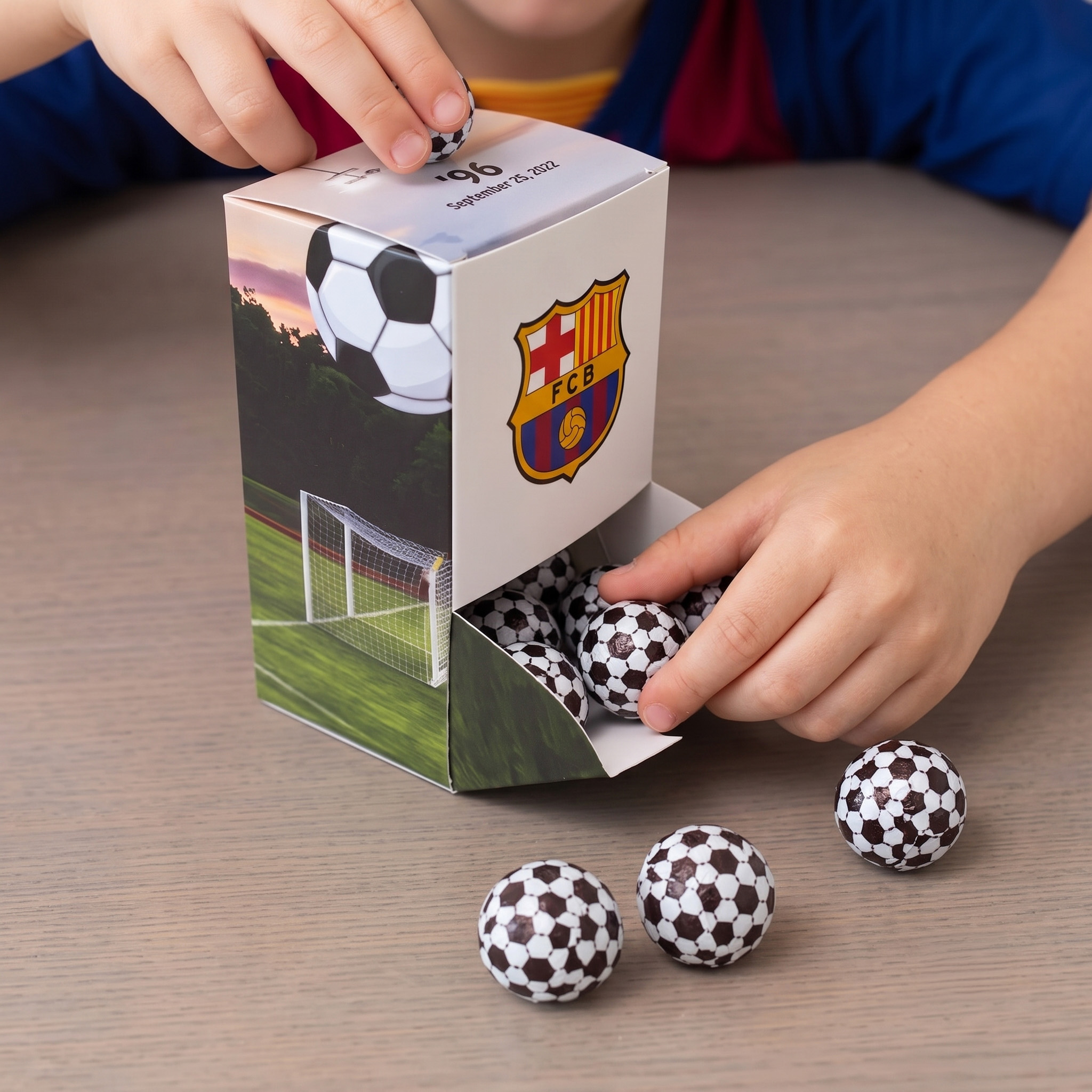 Dispenser doosje met chocolade voetbalsnoepjes - Traktatie bedankje