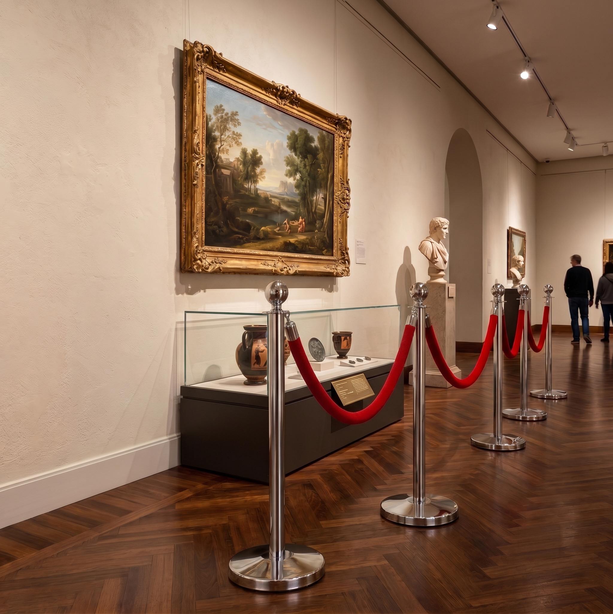 Zilveren roestvrijstalen afzetpaaltjes met rood koord in een museum