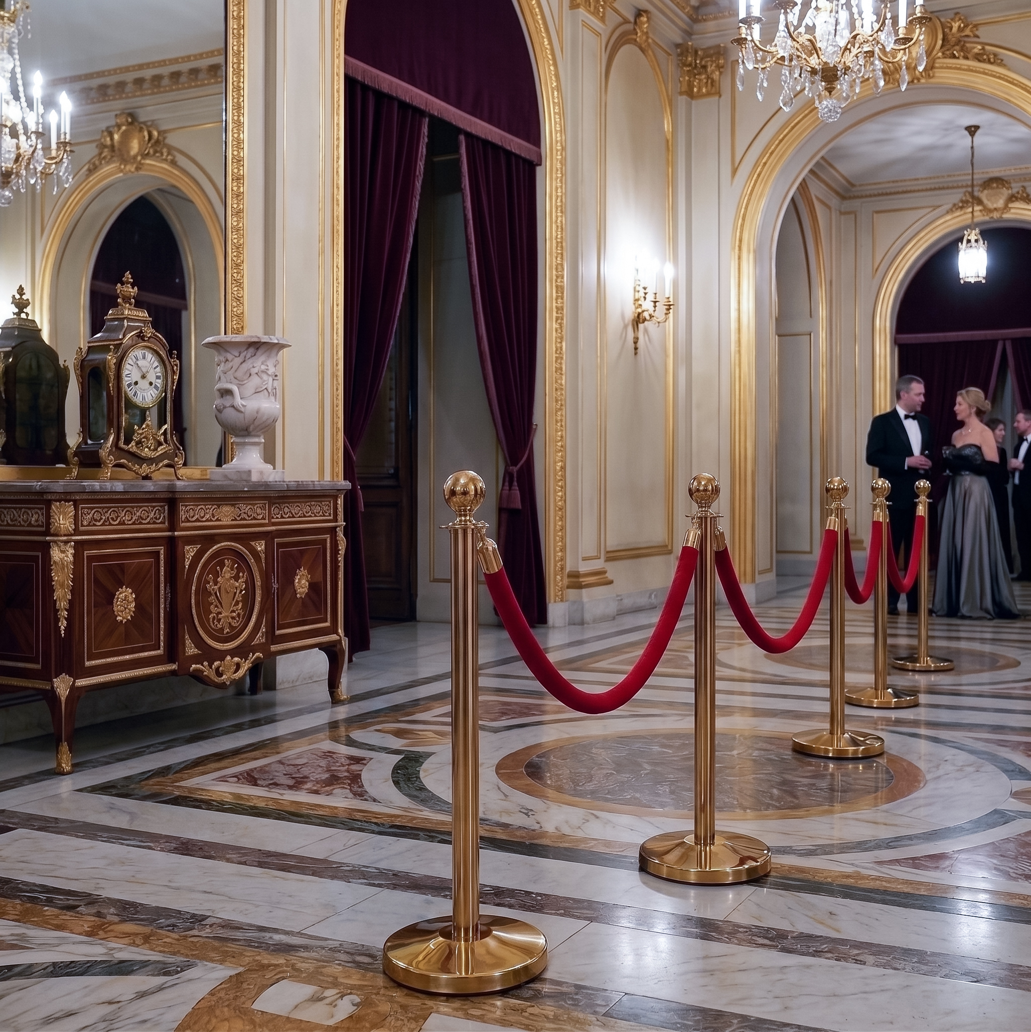 Gouden afzetpaaltjes met rood koord in een ballroom