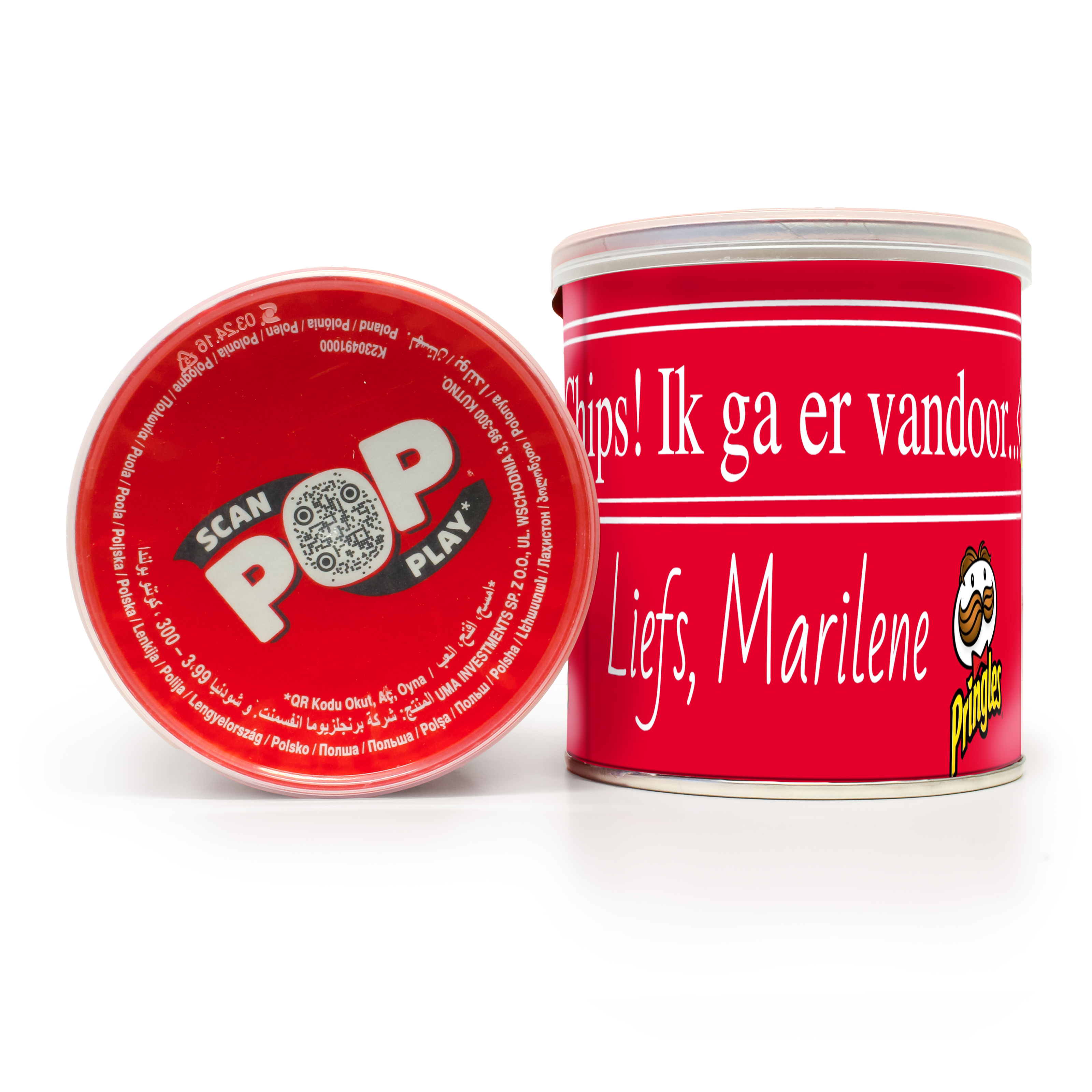 Afscheidscadeautje voor collega's - Pringles met persoonlijke wikkel met "Chips ik ga ervandoor"