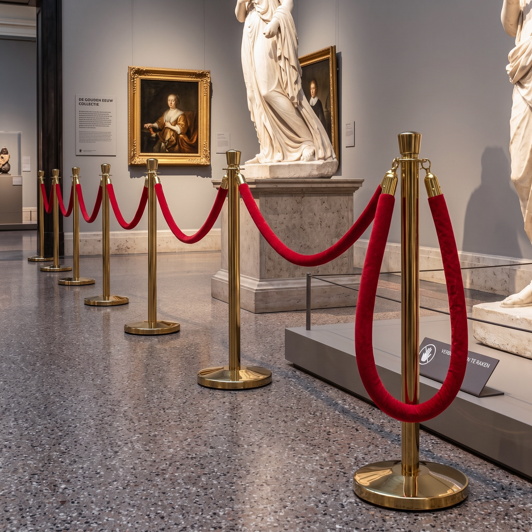 Gouden afzetpaaltjes met rechte kop en rood koord in een museum