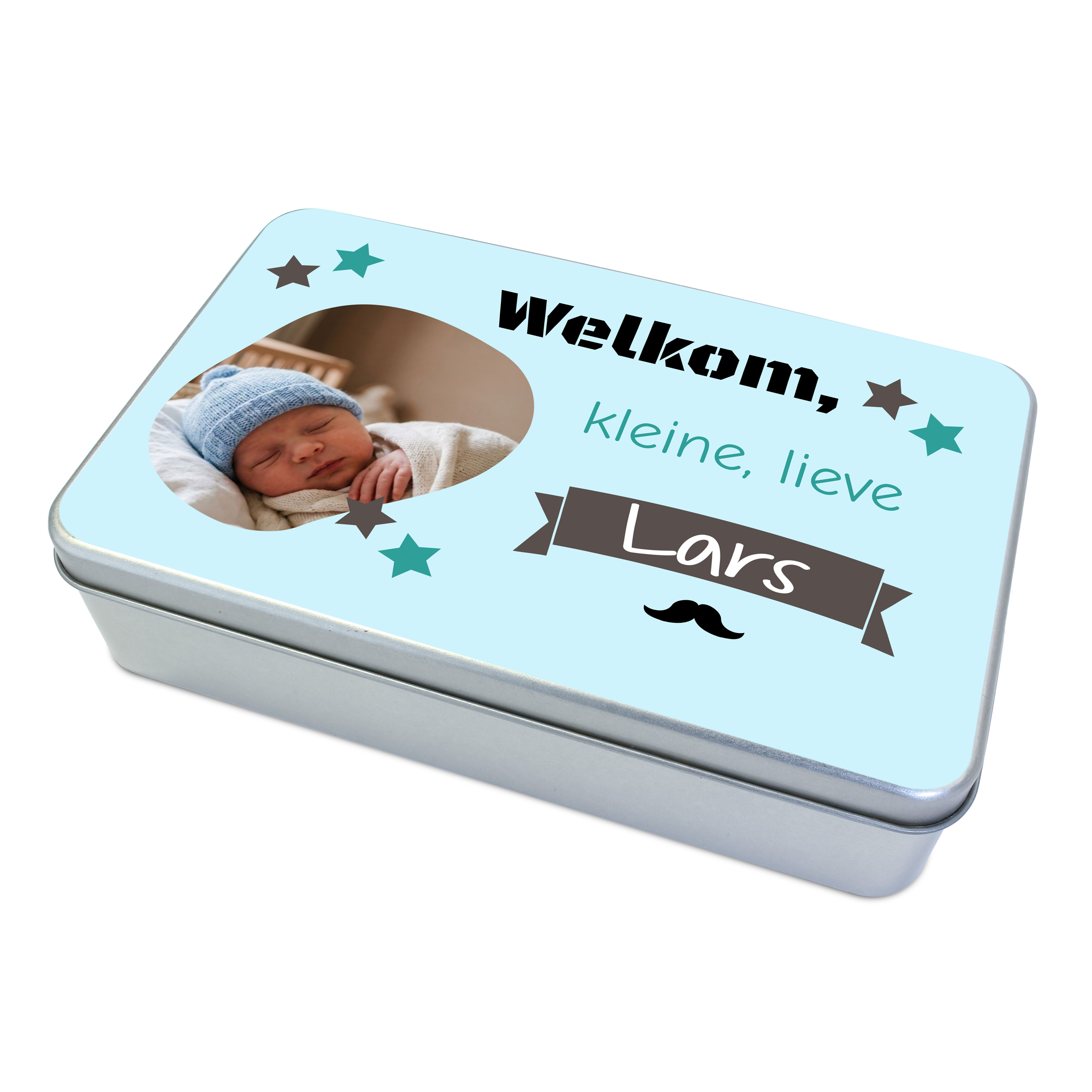 Geboorte blikje met babyfoto en naam als kraamfeest bedankje