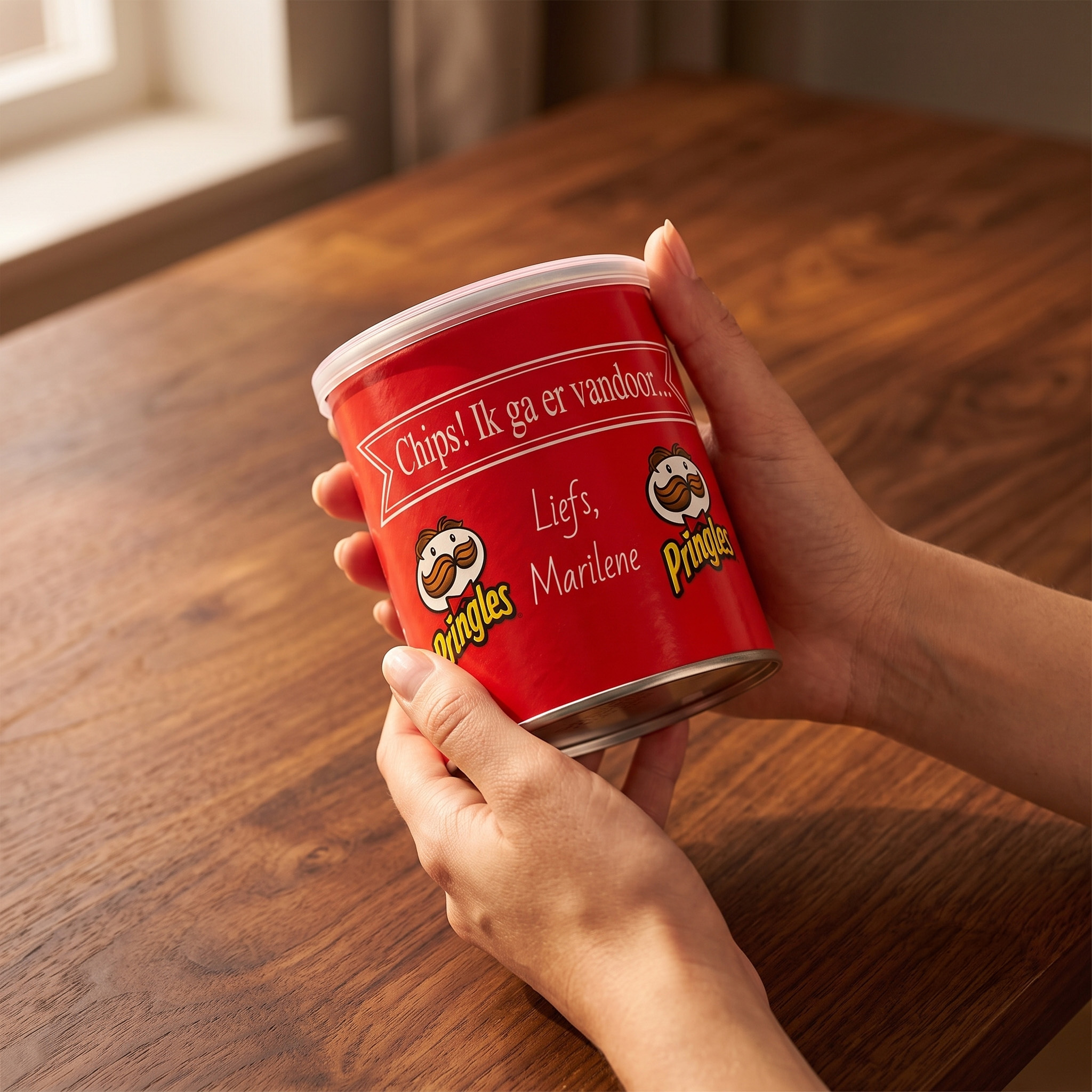 Gepersonaliseerd cadeautje voor collega's - Pringles bus met eigen tekst in handen