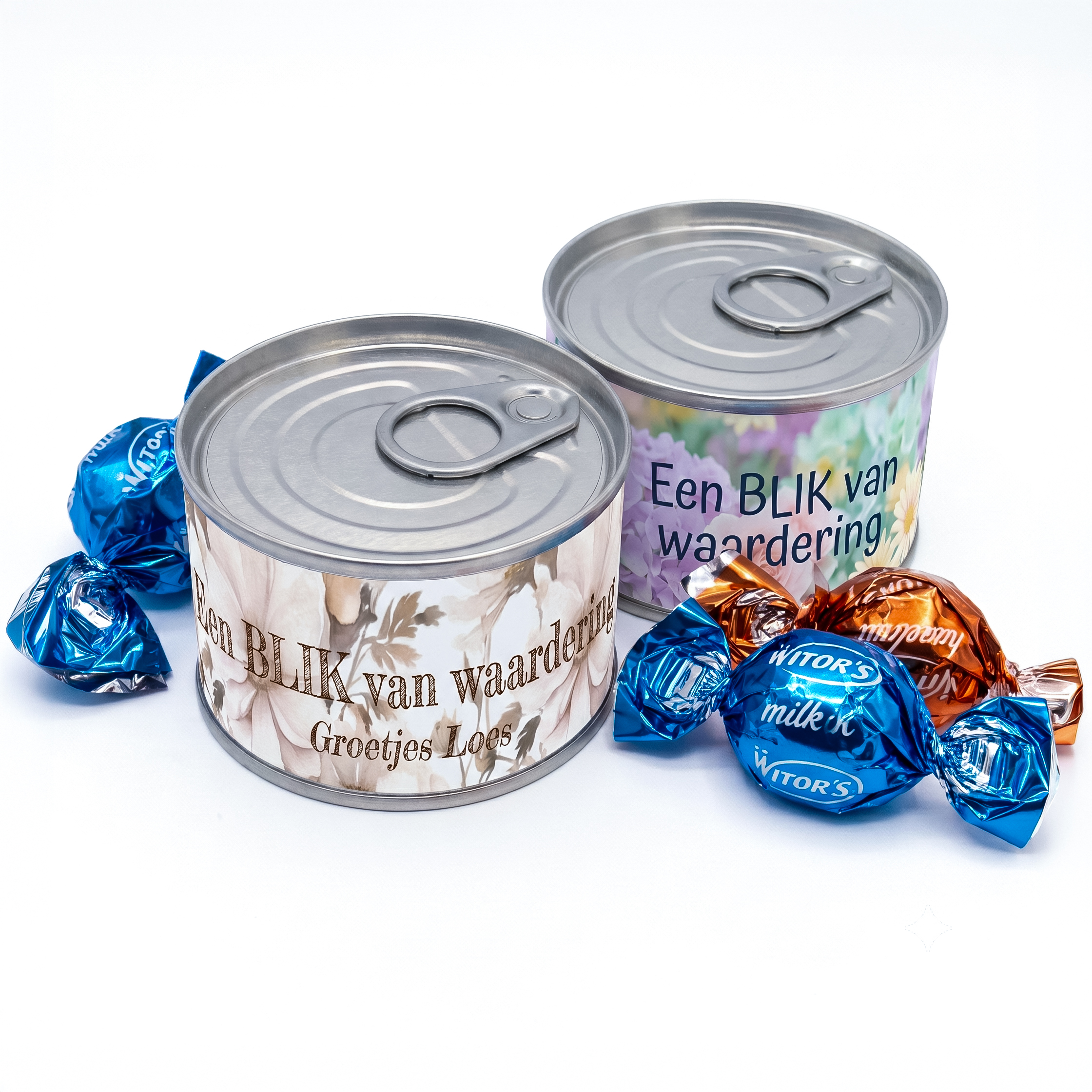 Blikjes van waardering met zelf te ontwerpen bloemen wikkel en choco bonbons