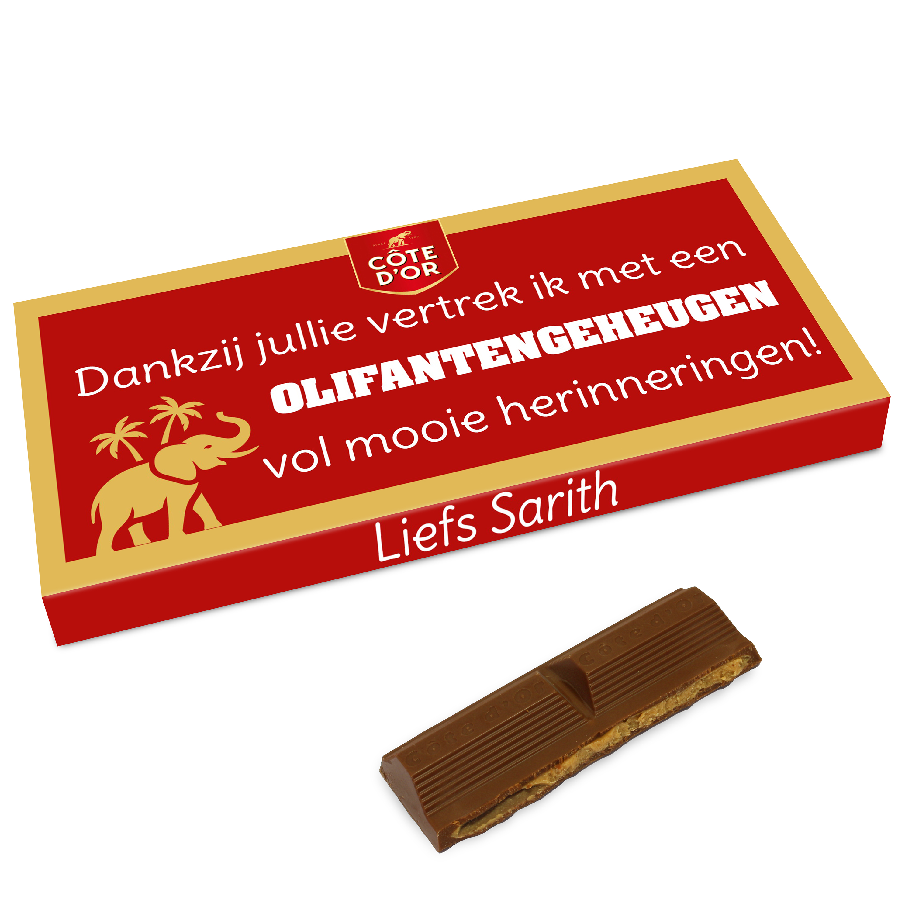 Grappige Côte d'Or reep met eigen naam als afscheidsbedankje collega's