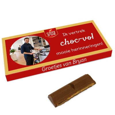 Persoonlijke Côte d'Or reep met werkfoto als afscheidsbedankje