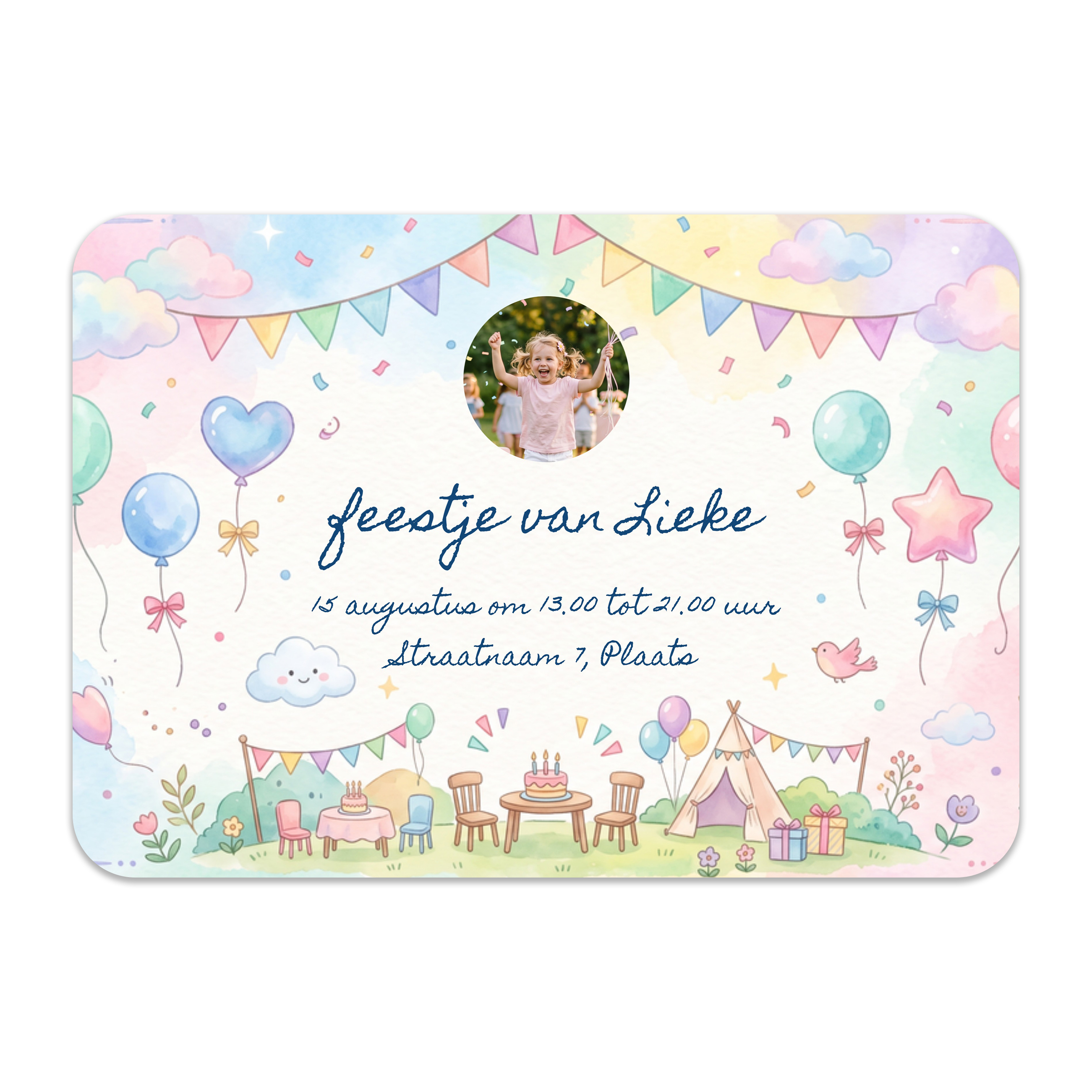 Liggend A6 Kaartje voor een Meisjes Kinderfeestje - Pastelkleuren - Zelf kaartje ontwerpen