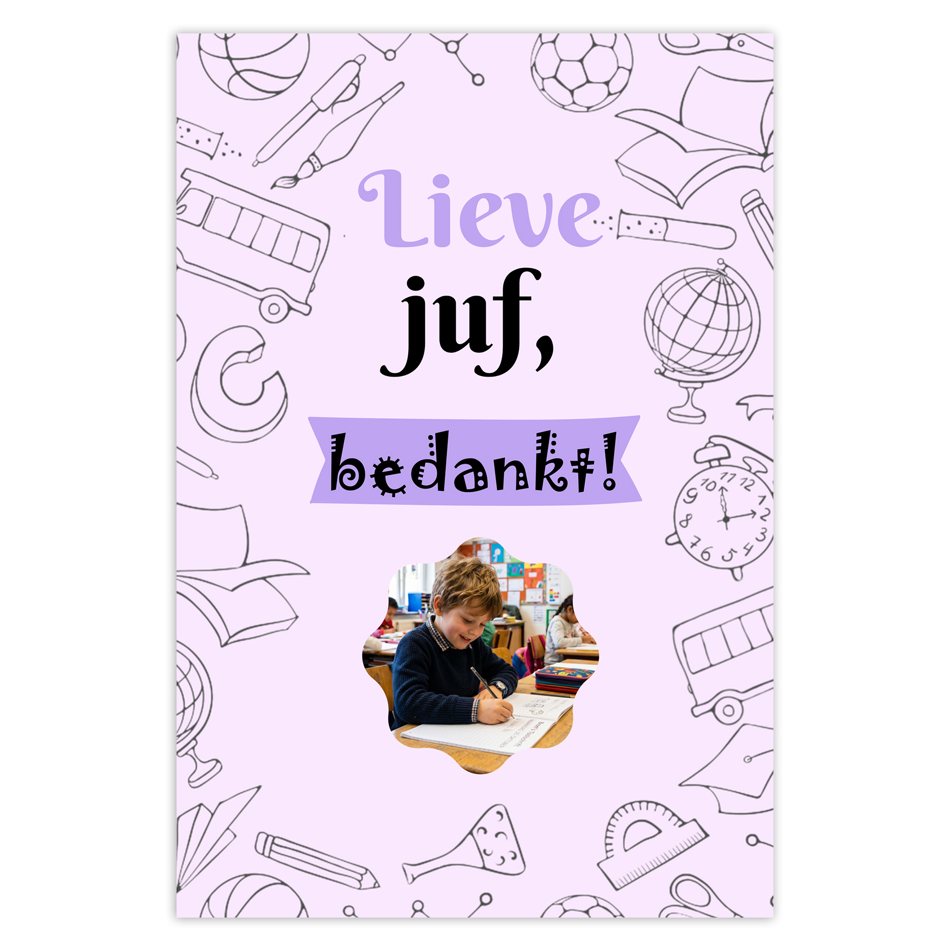 Bedankkaart juf A6 dubbelzijdig met foto – Paarse tinten - Verticaal