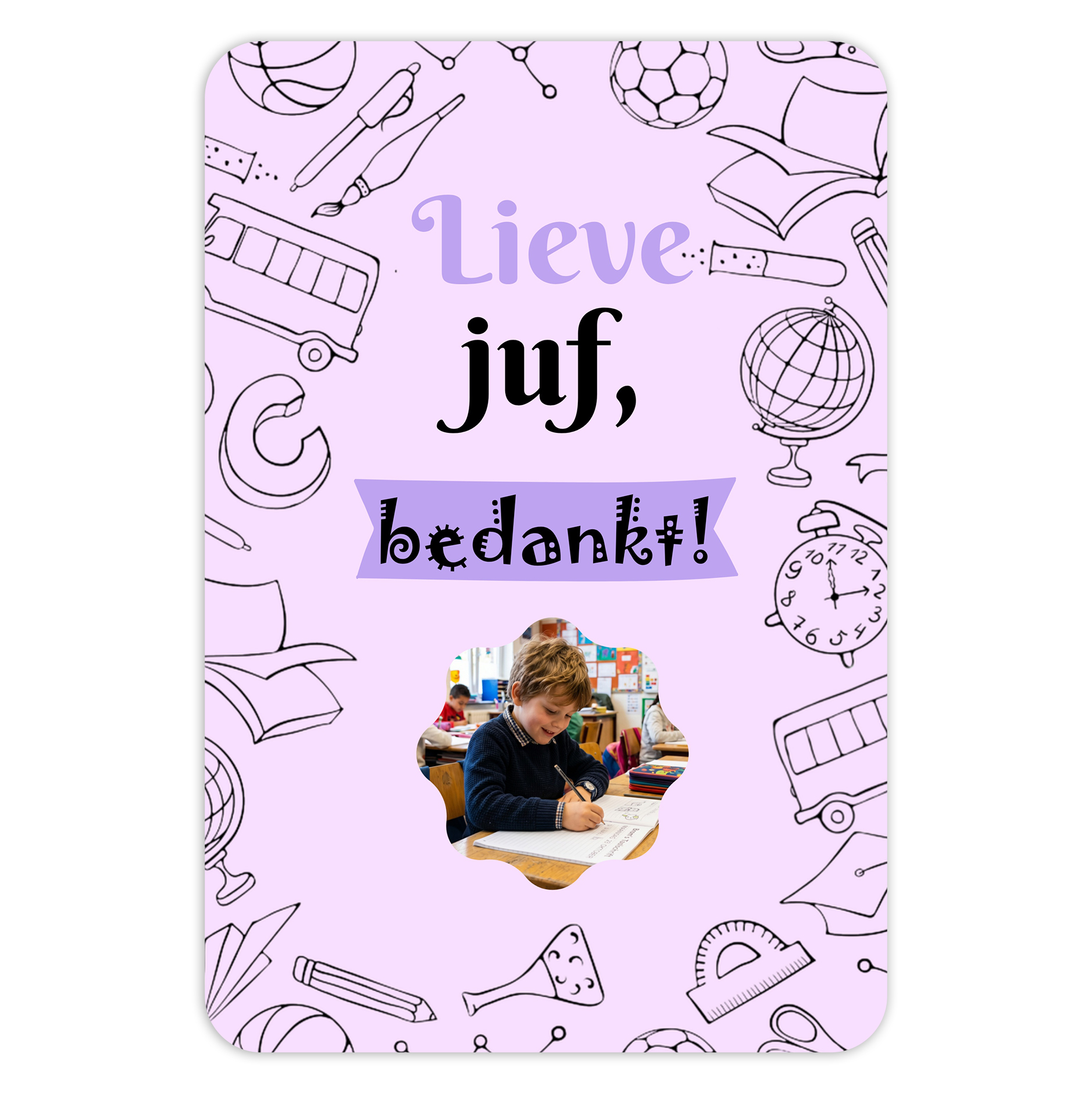 Kaartje bedankt juf paars voorkant a6 verticaal dubbelzijdig ronde hoeken