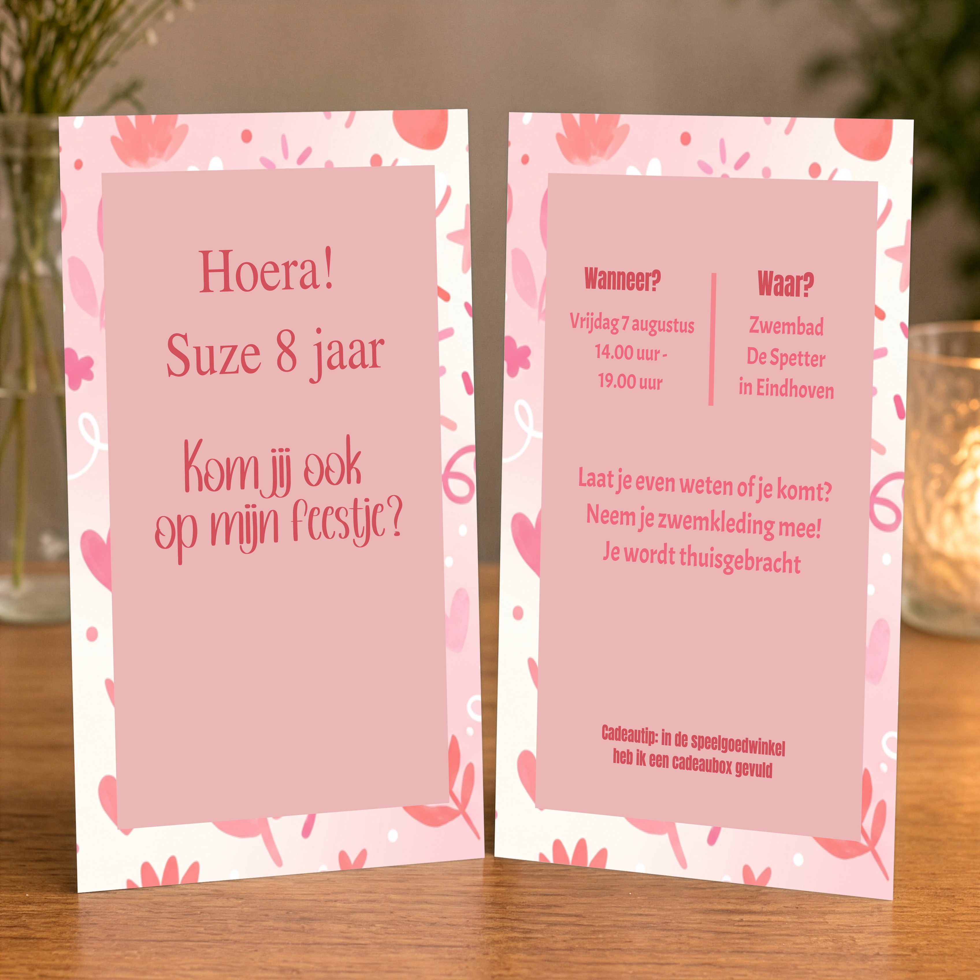 Uitnodigingskaartje voor kinderfeestje - voor en achterkant