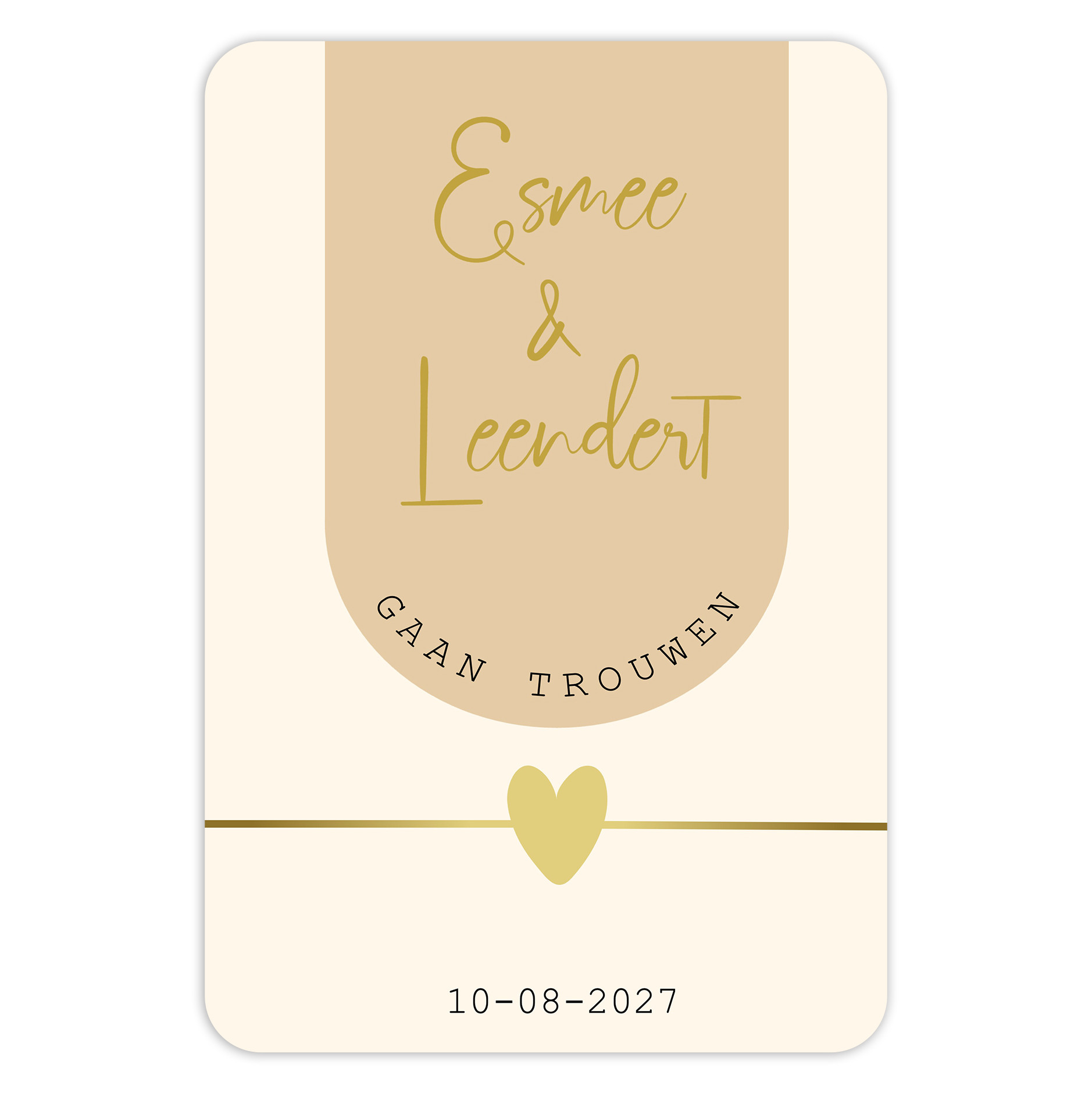 Luxe beige trouwkaart met hartje en dagplanning – Dubbelzijdig met ronde hoeken