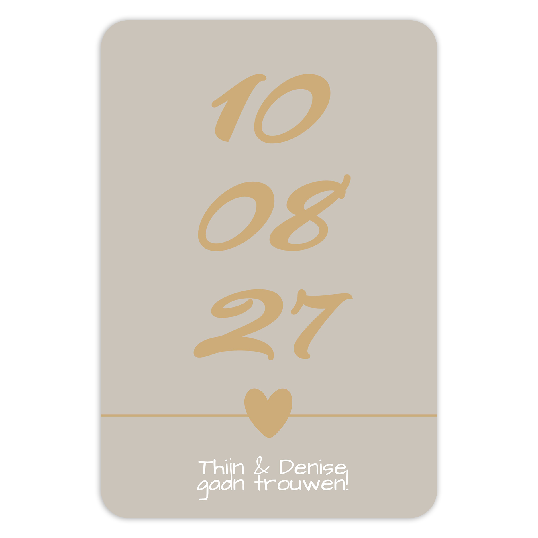 Luxe trouwkaart met grote trouwdatum in taupe en goudbruin – Dubbelzijdig met planning & iconen