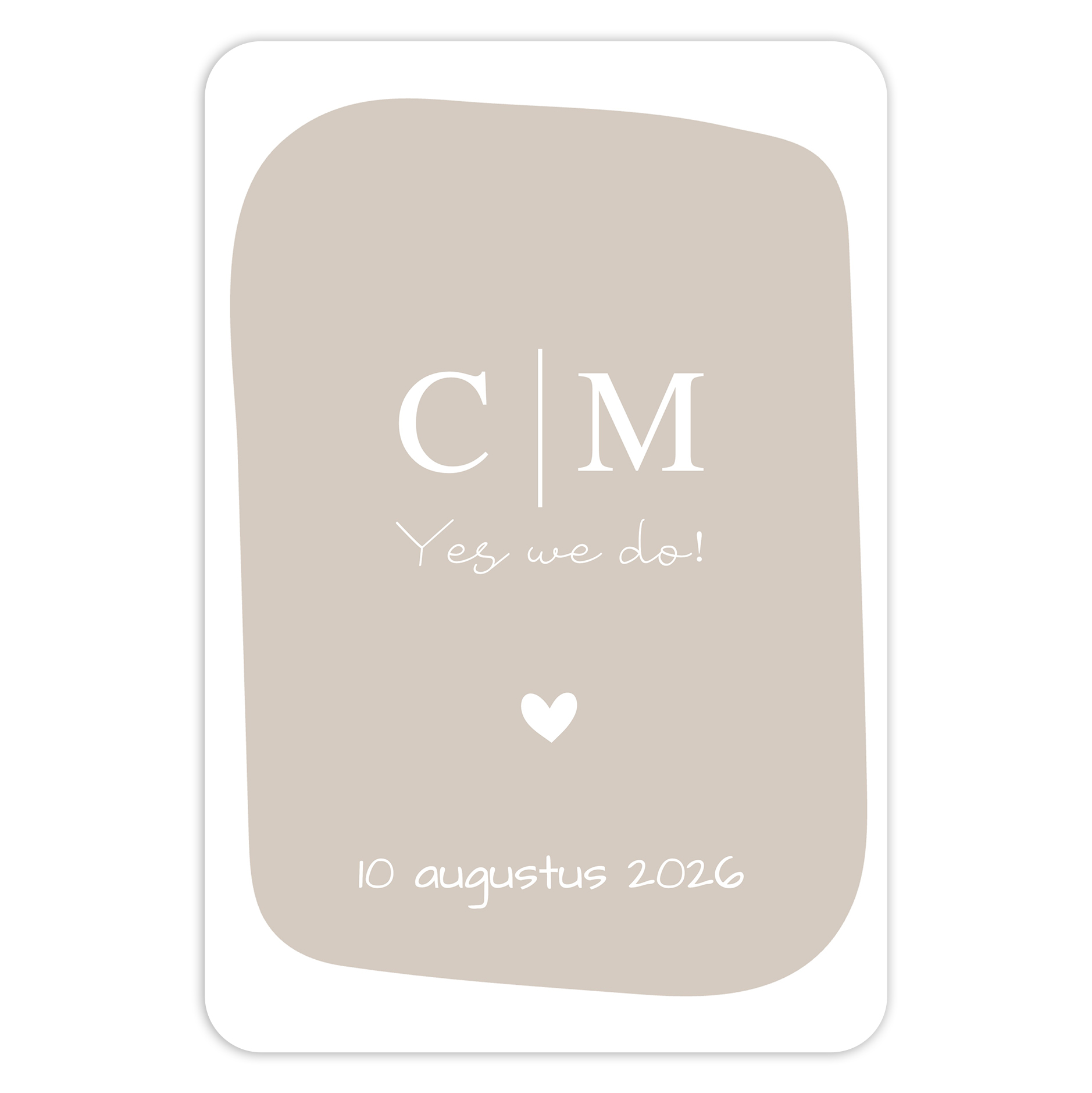 Luxe witte trouwkaart met "Yes We Do", initialen en taupe details – Dubbelzijdig met ronde hoeken