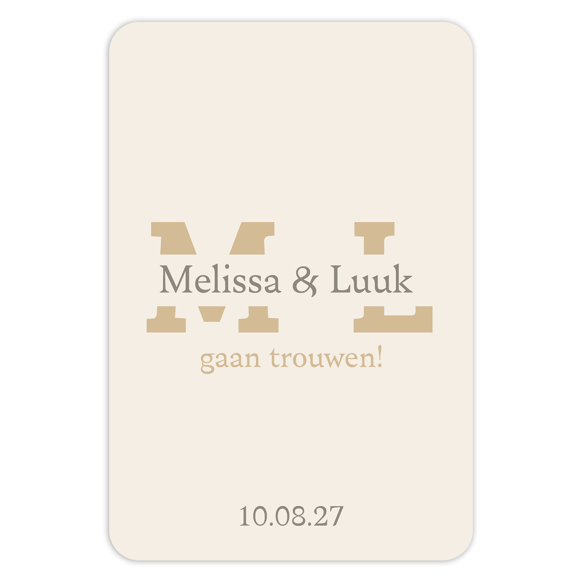 Luxe beige trouwkaart met initialen en goudbruine letters – Dubbelzijdig met dagplanning & hartjes