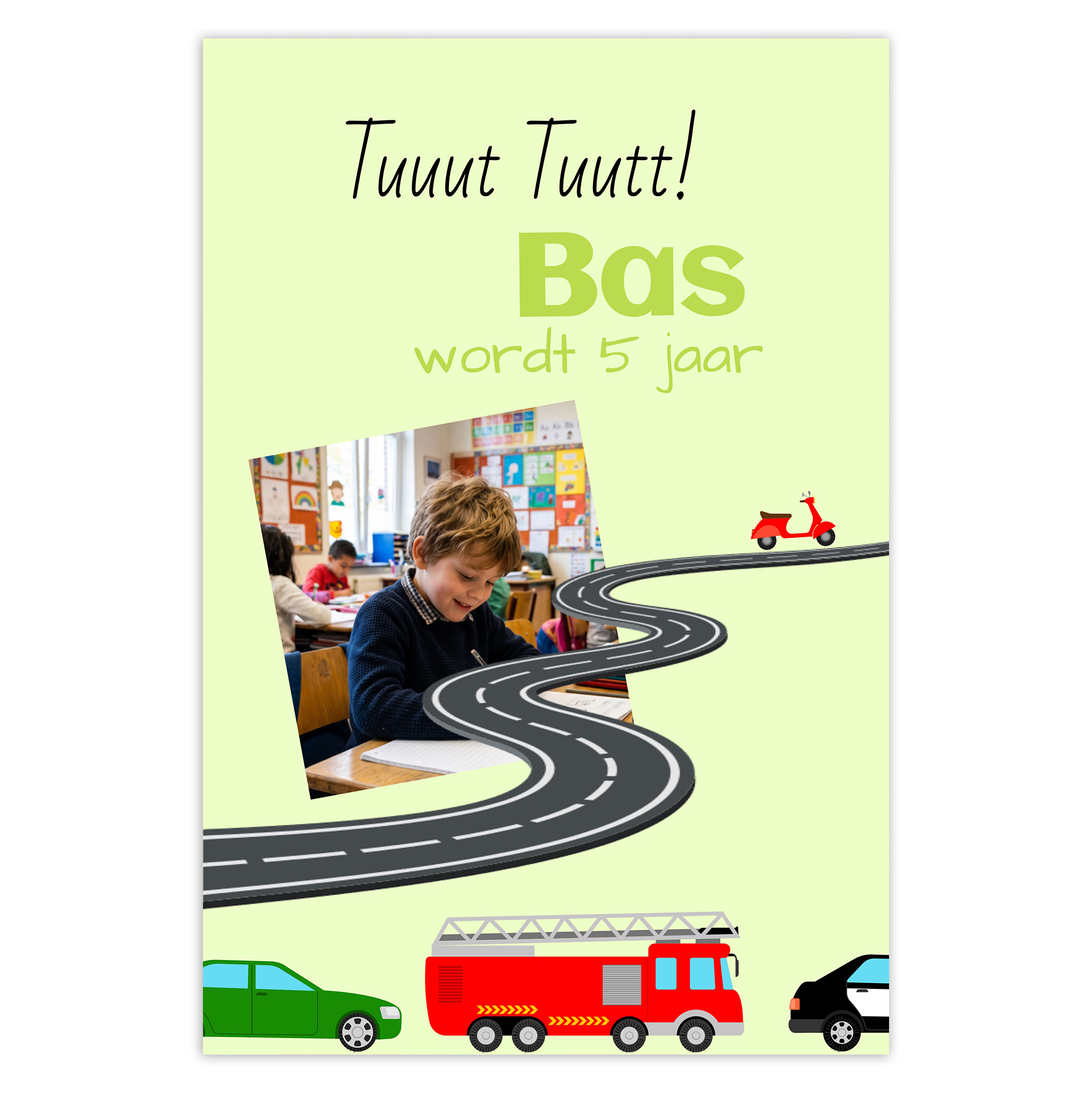 Kinderfeestje uitnodiging jongen met foto en voertuigen – Groene A6 uitnodigingskaart dubbelzijdig