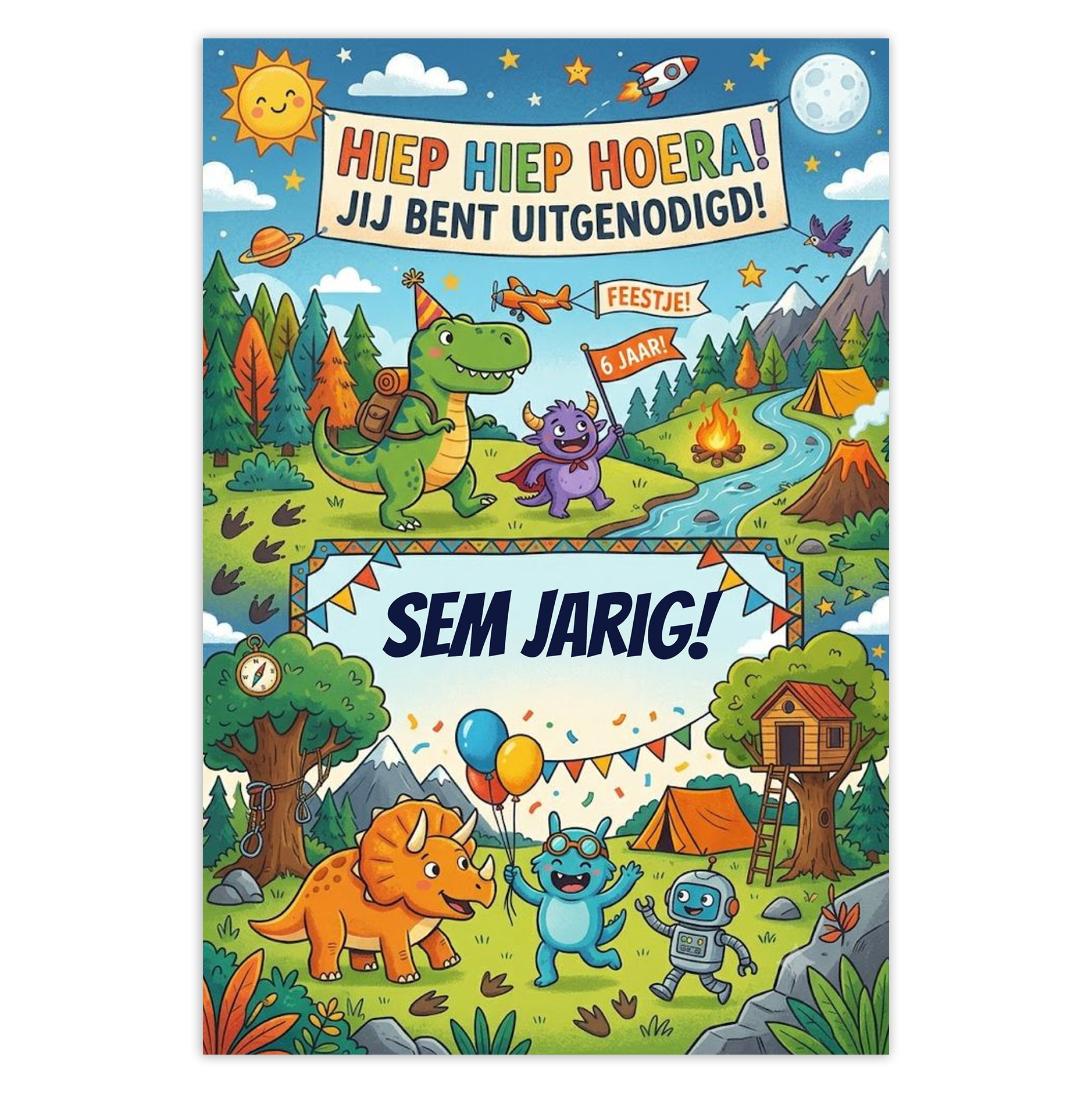 Uitnodiging kinderfeestje met dino's en eigen naam – Luxe A6 dubbelzijdig