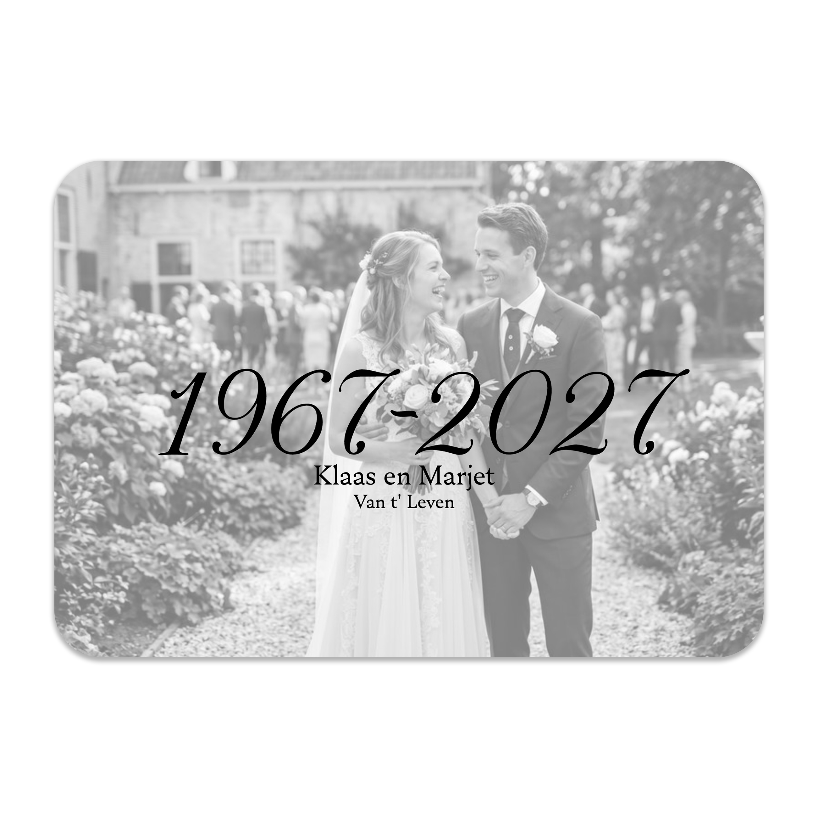 Luxe jubileumkaart met trouwfoto, trouwdata en namen – Dubbelzijdige uitnodiging voor een huwelijksjubileum