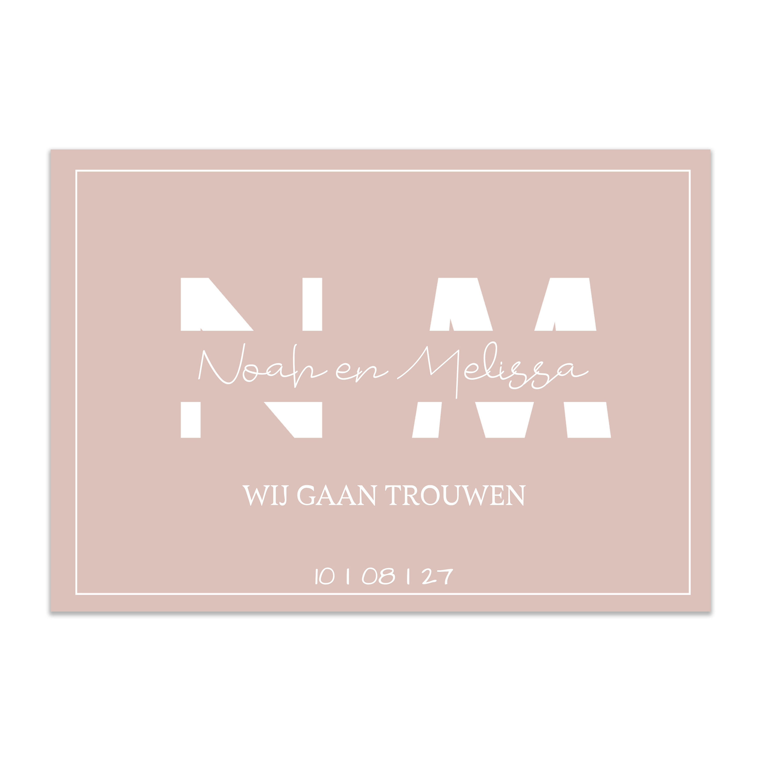 Luxe liggende trouwkaart met grote witte initialen en oudroze design – Dubbelzijdig met dagplanning & iconen