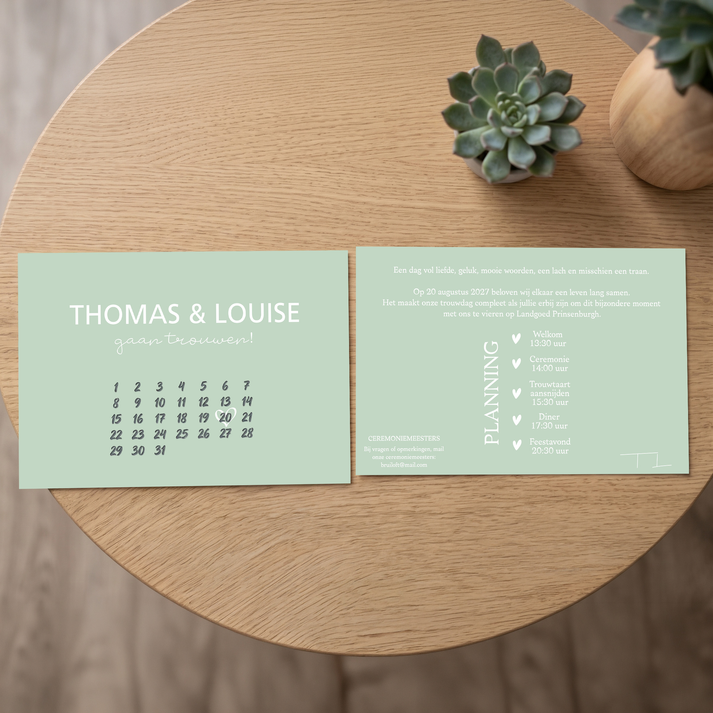 Trouw kaartje met kalender - Zelf te ontwerpen - Dubbelzijdig