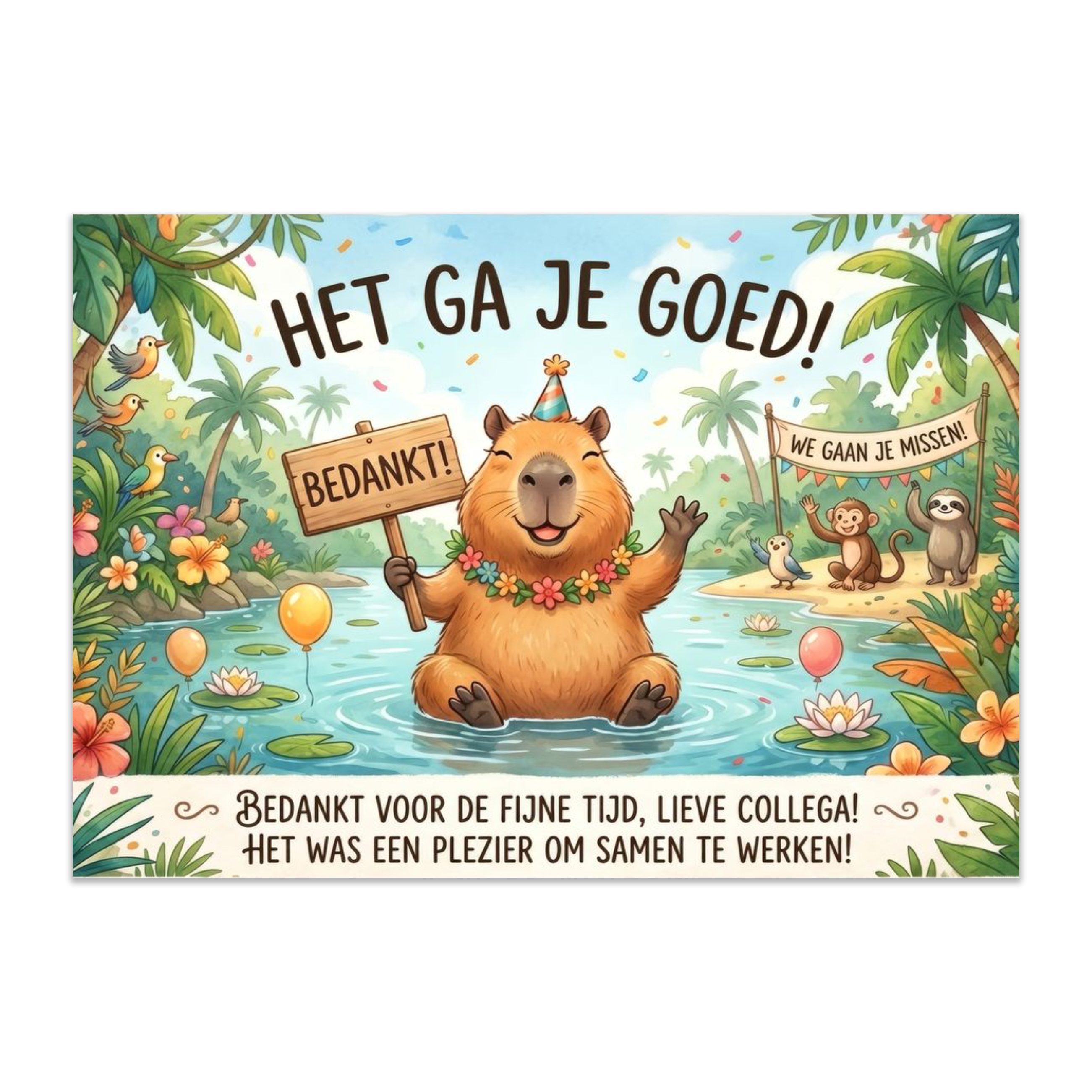 Afscheidskaart collega met capibara – Jungle bedankkaart A6 dubbelzijdig