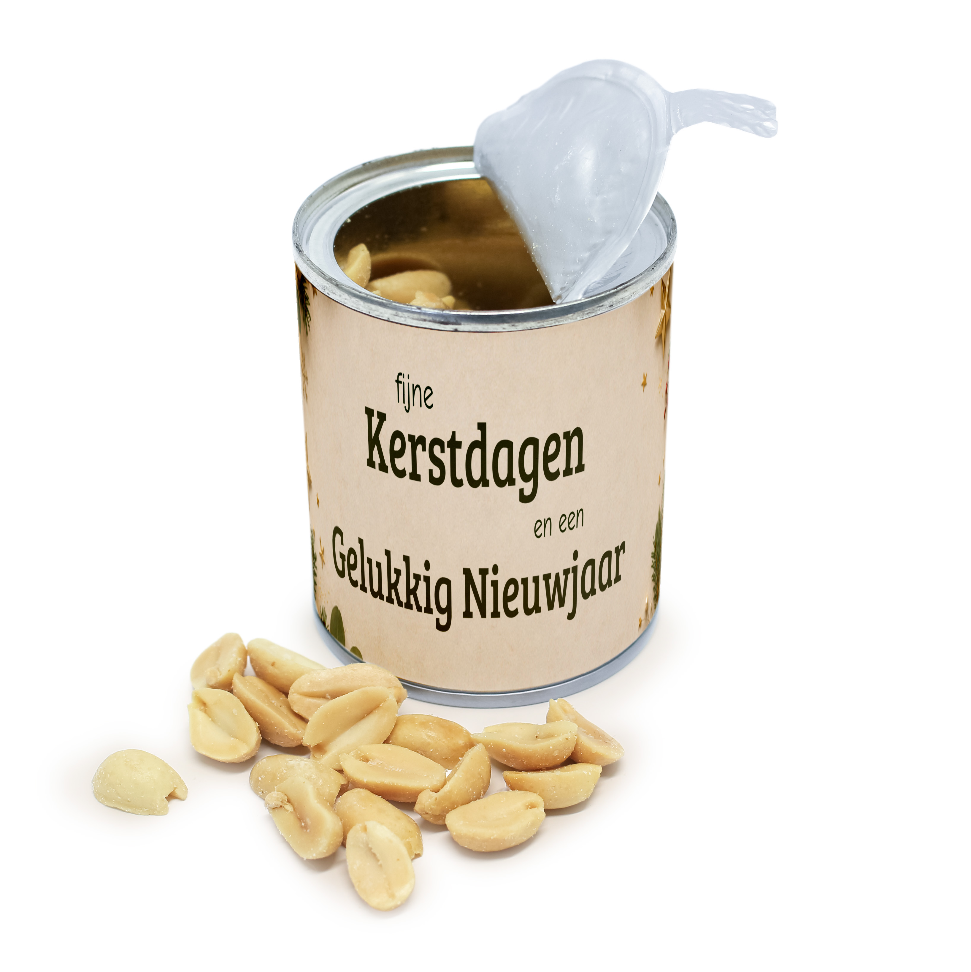 Kerst blikje met pinda's en eigen wikkel met logo en tekst