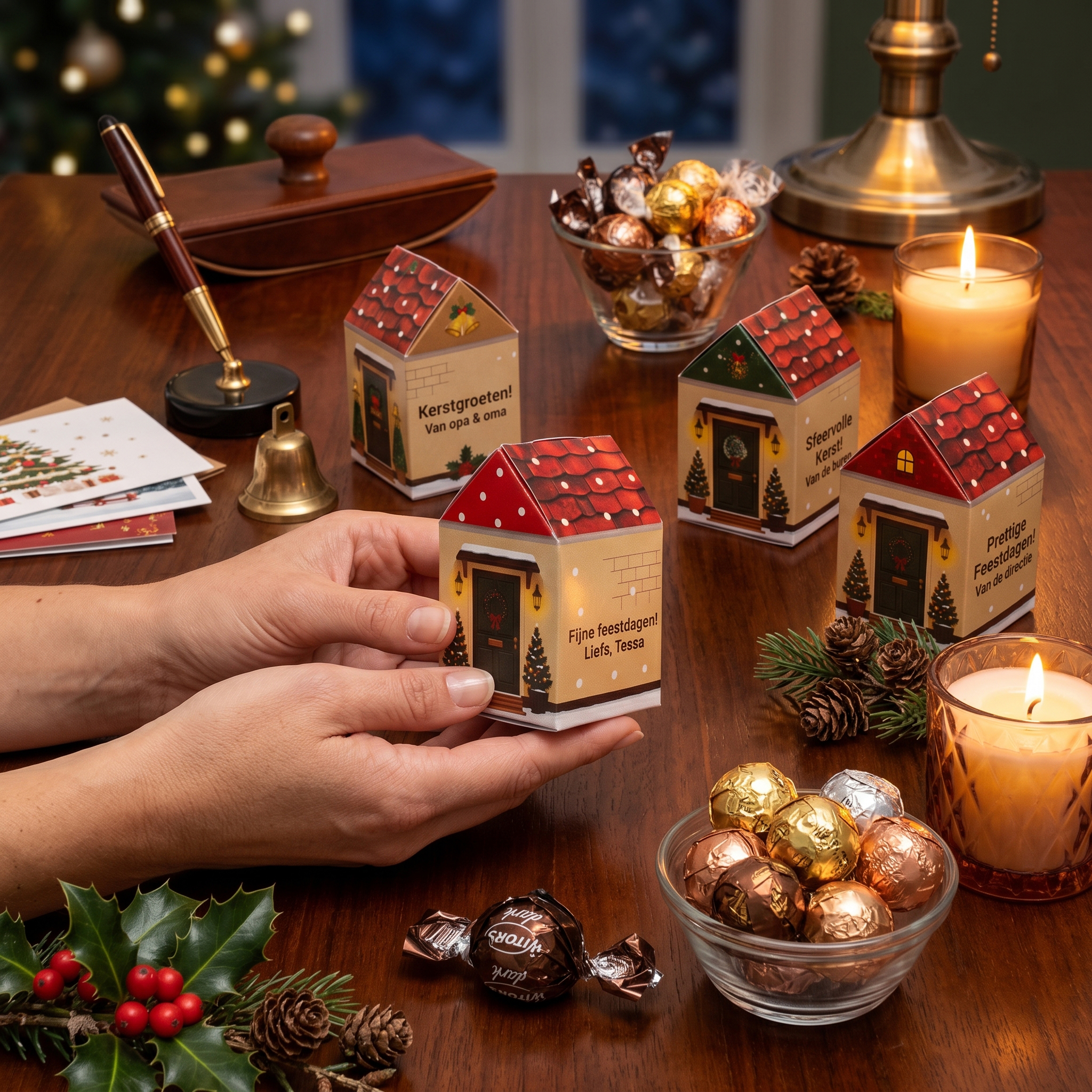Kerst en feestdagen bedankje - Huisjes op tafel in kerst sferen