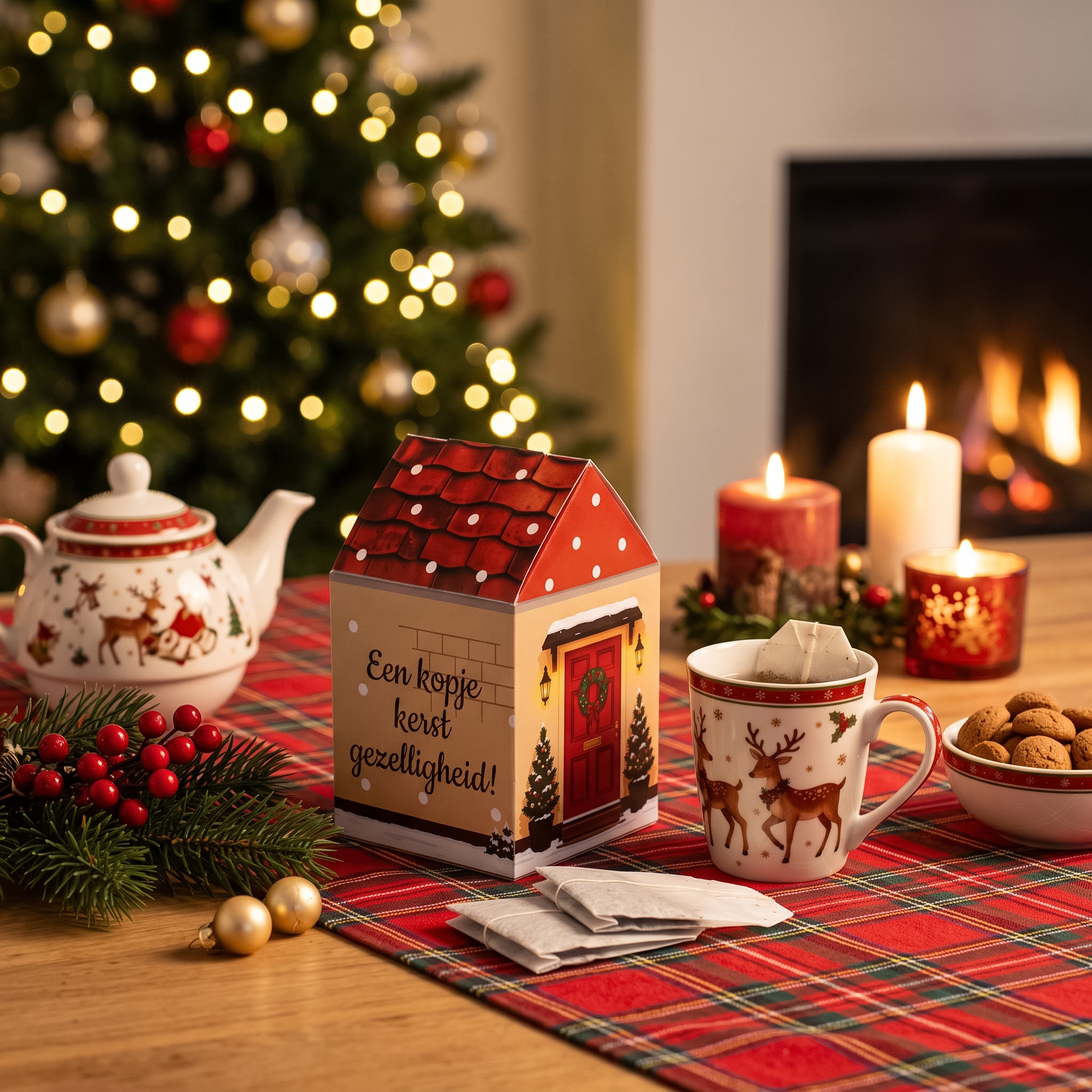 Kerst thee huisje als persoonlijk bedankje op tafel