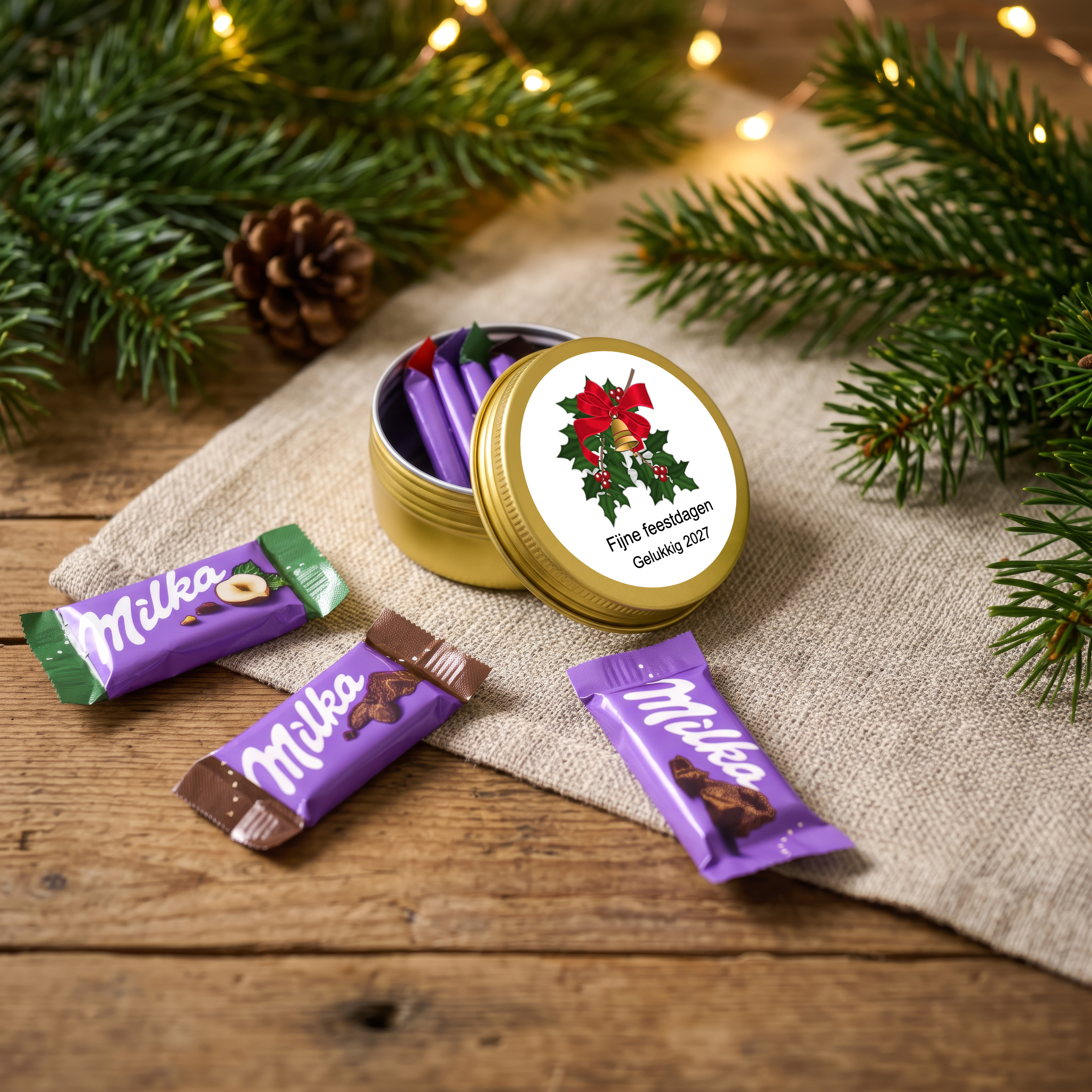 Kerst geschenkje voor klanten - Goud blikje met Milka chocolade