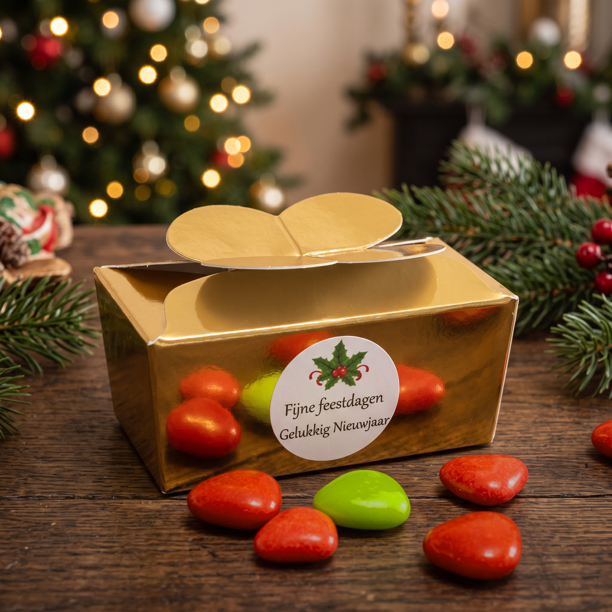 Feestdagen gouden bonbon doosje met chocolade hartjes