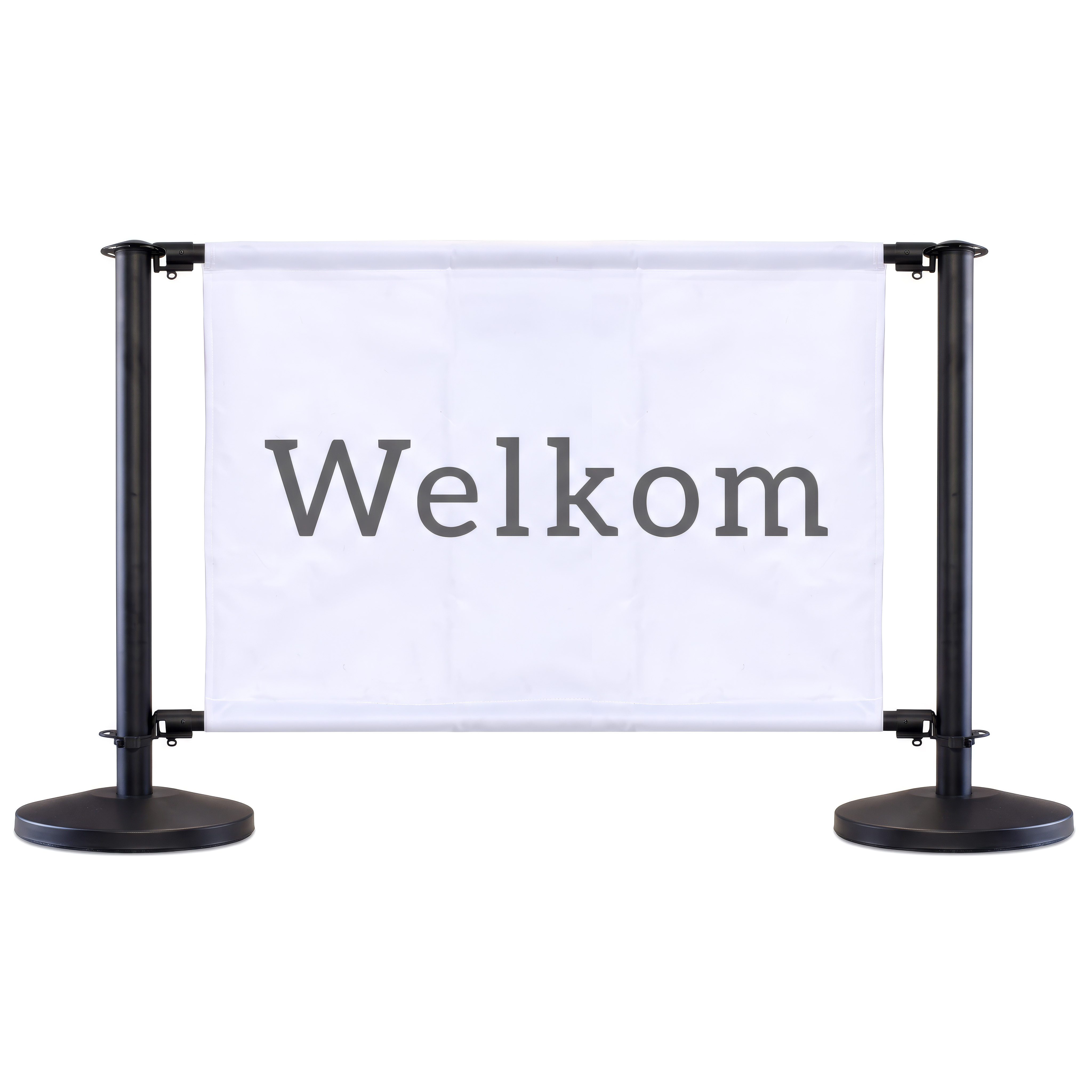 Zwart terrasscherm horeca met banner – terrasafscheiding met bedrukt doek