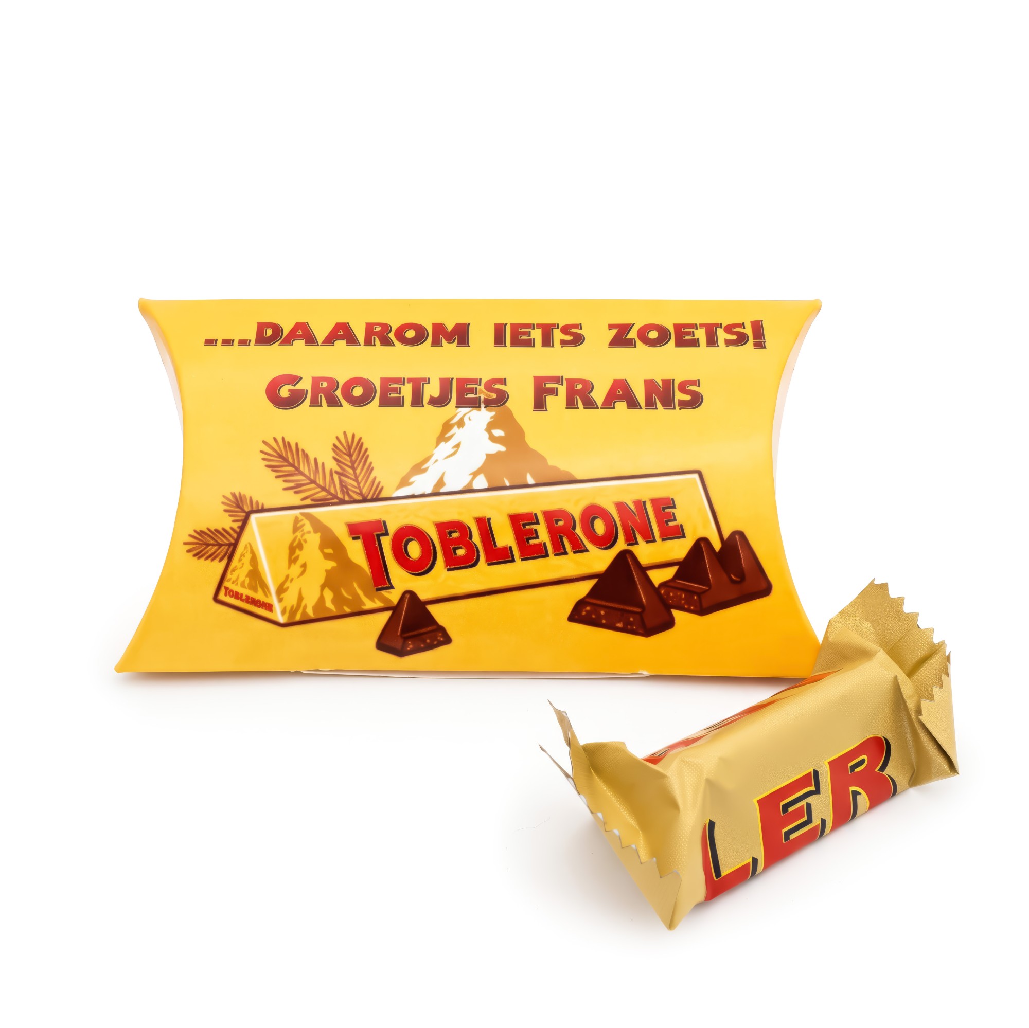 Toblerone bedankje in bedrukt kussendoosje - 2 mini Toblerones
